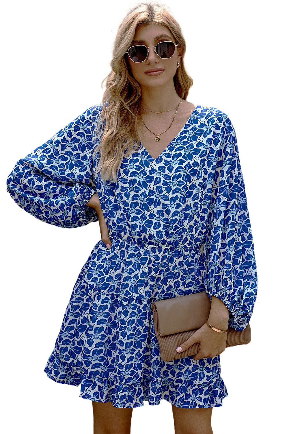 Plava haljina-tunika s V izrezom i cvjetnim rukavima