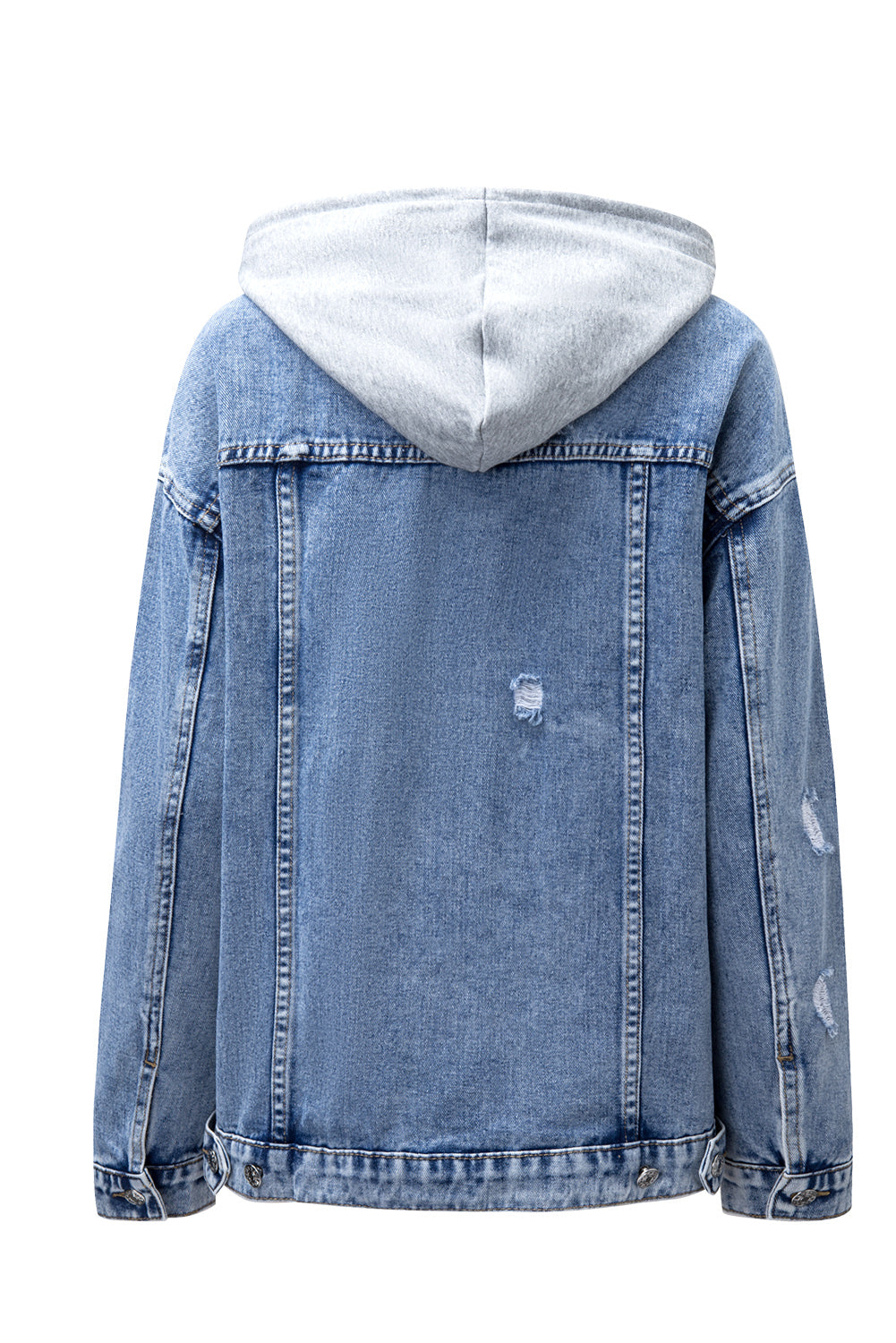 Sky Blue Rhinestone Fringed Pocket Buttoned Hooded Denim Jacket