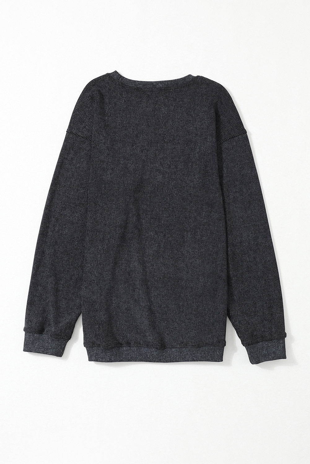 Črn enobarven rebrast pulover z okroglim izrezom