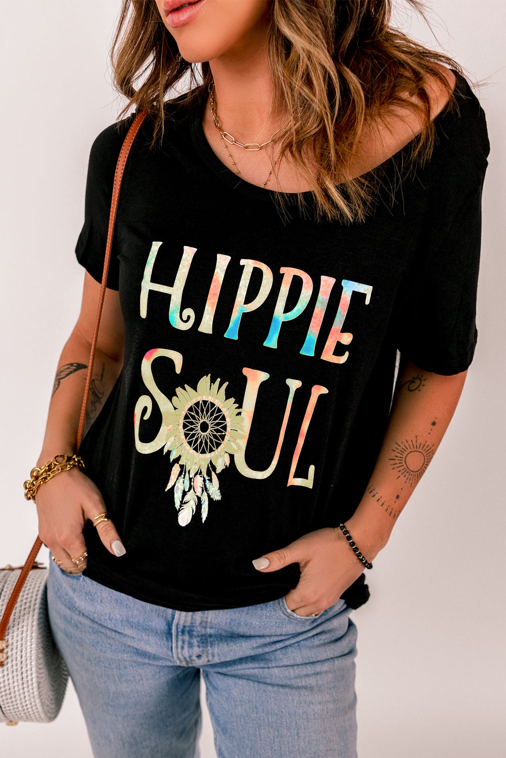 T-shirt con stampa di piume di girasole HIPPIE SOUL tie-dye Ombre