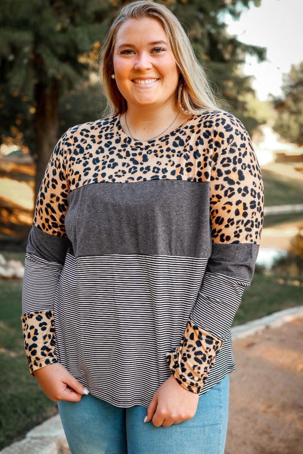 Léopard T-shirt à manches longues en patchwork à rayures vache/léopard de grande taille