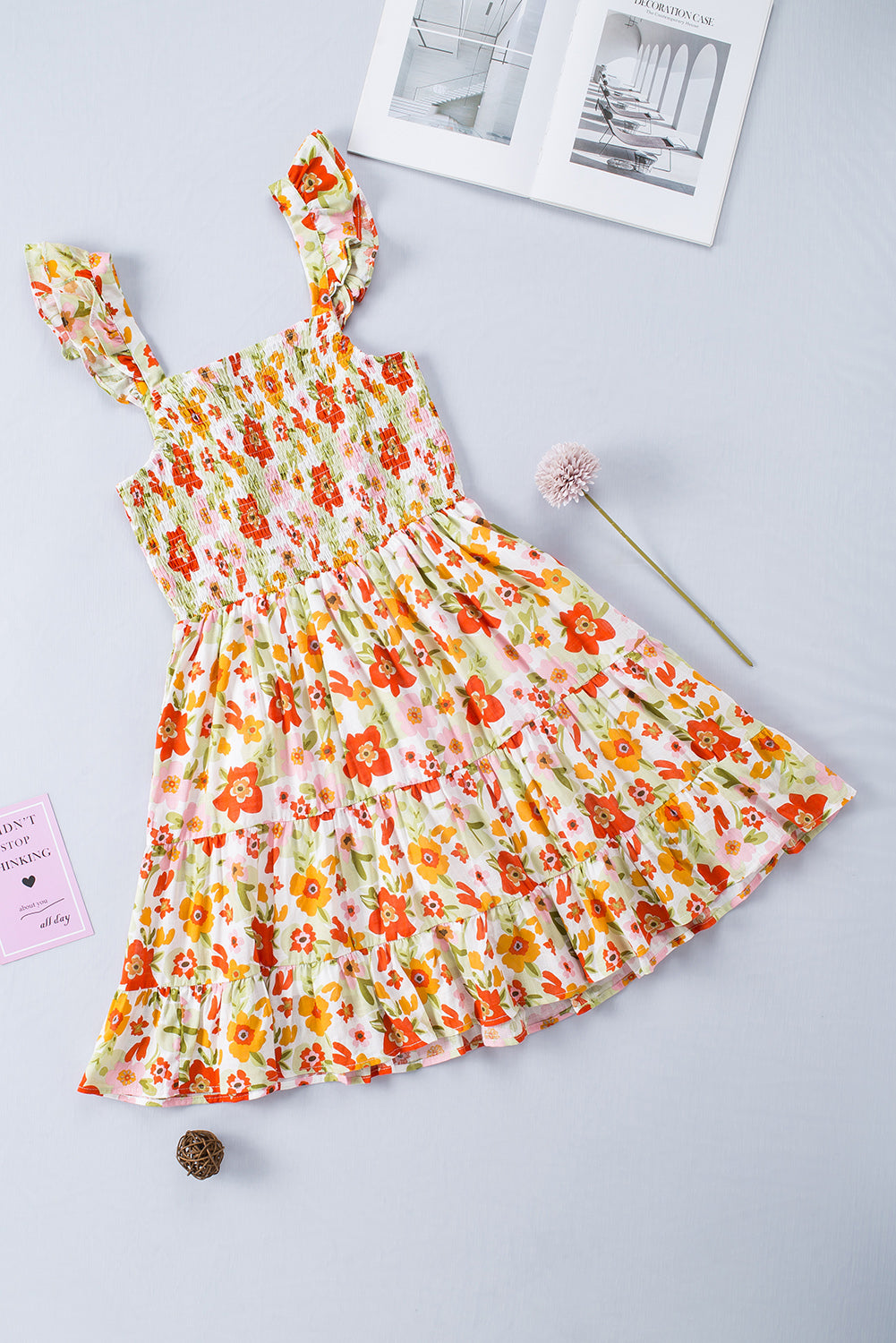 Mini-robe florale multicolore à volants et froncée, sans manches, taille haute