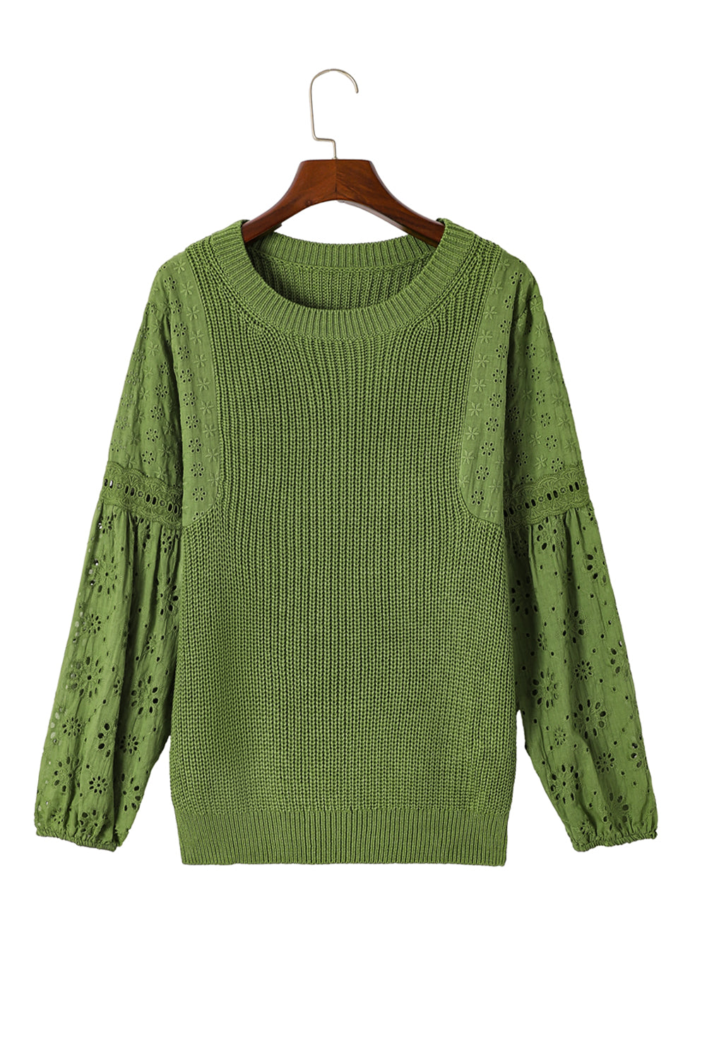 Zelen pulover pulover s spuščenimi rameni z očesci