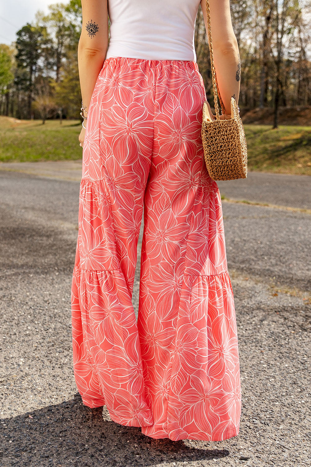 Rožnate boemske široke hlače s cvetličnim vzorcem