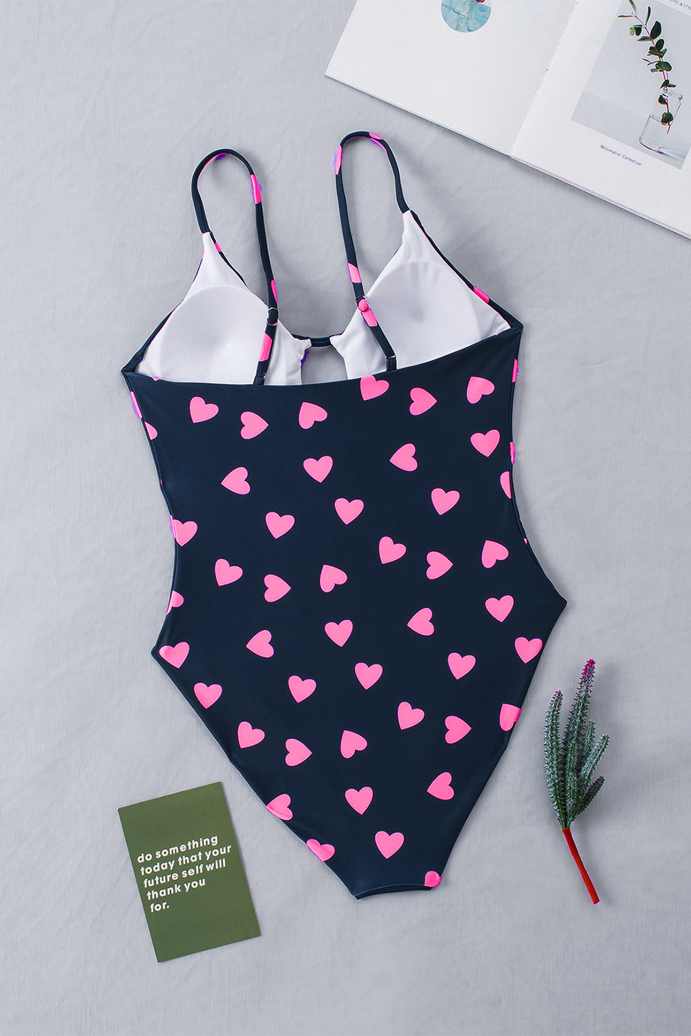 Black Sweet Heart Print Cut out Backless One-piece Swimwear