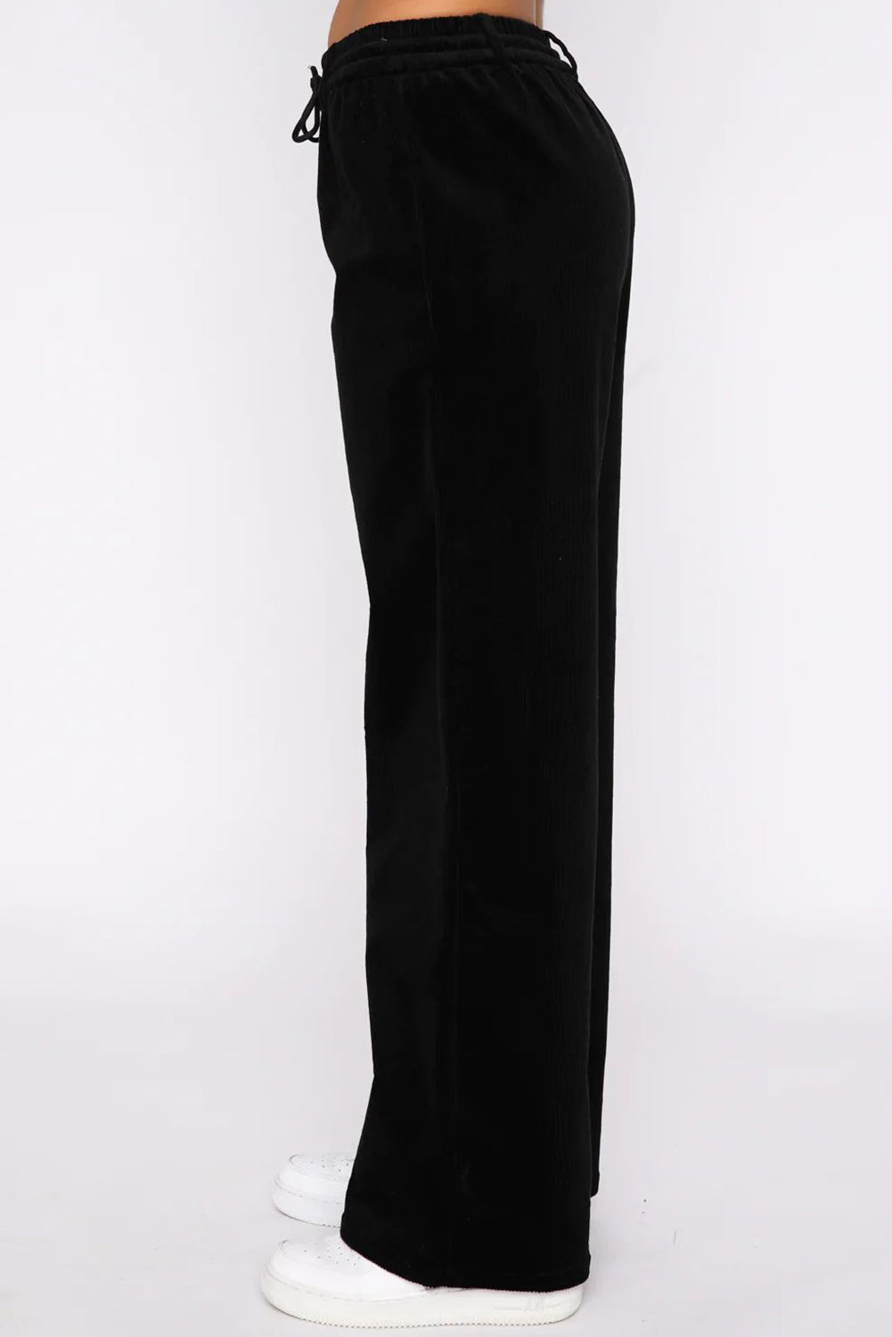 Black Solid Drawstring Waist Wide Leg Pants