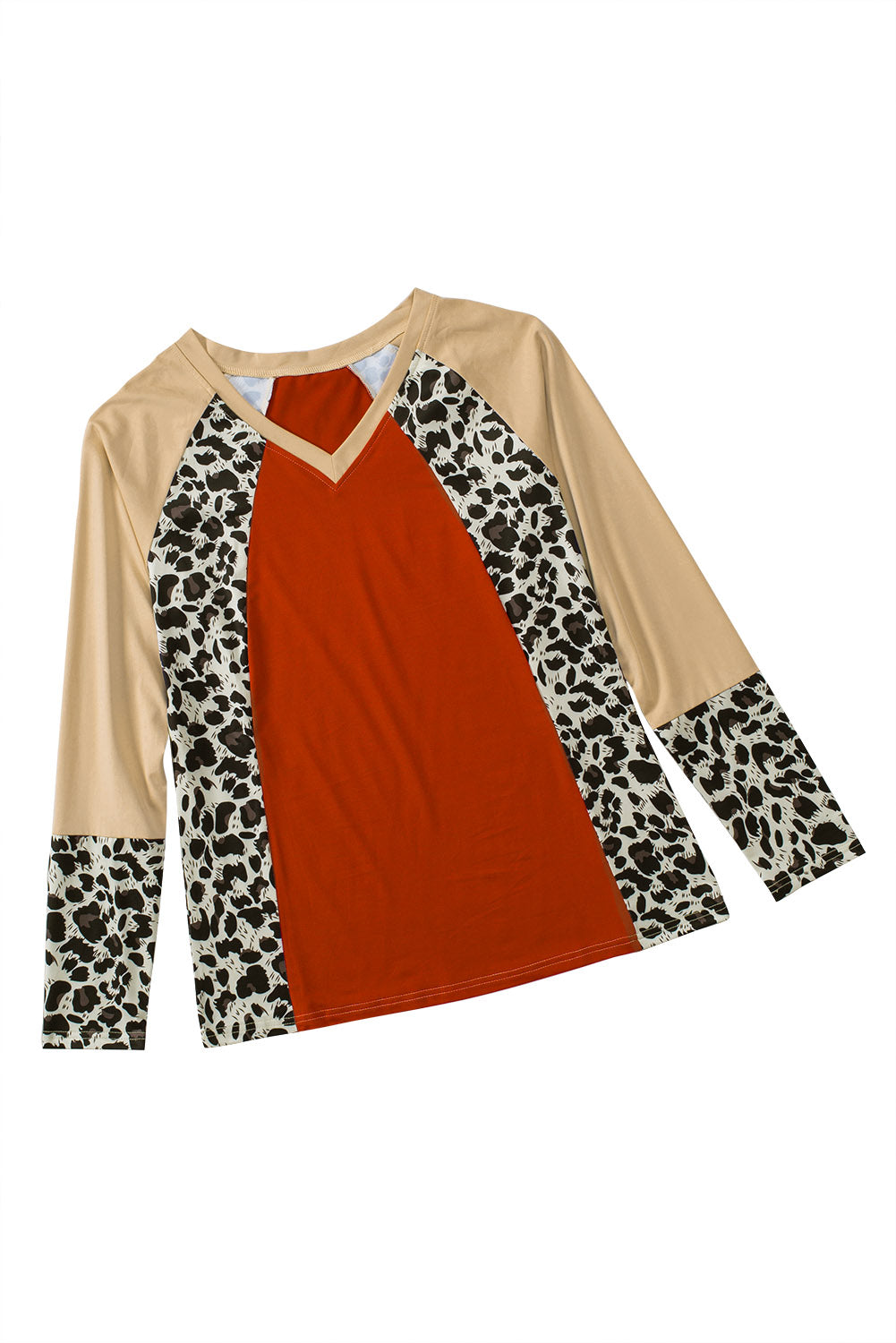 Smeđa majica dugih rukava s leopard V izrezom i blokovima boja