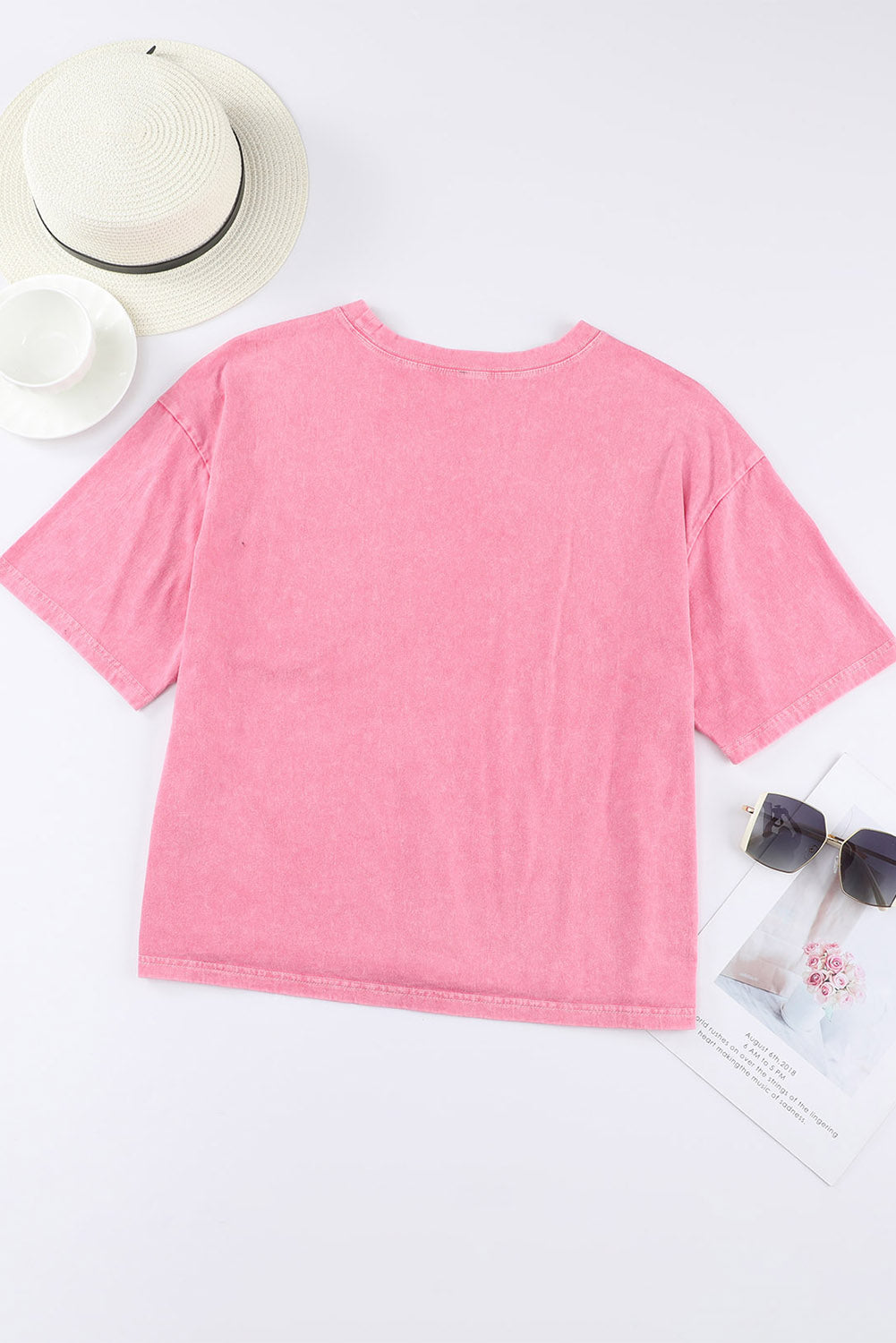 T-shirt con tasca applicata in pizzo lavaggio acido rosa