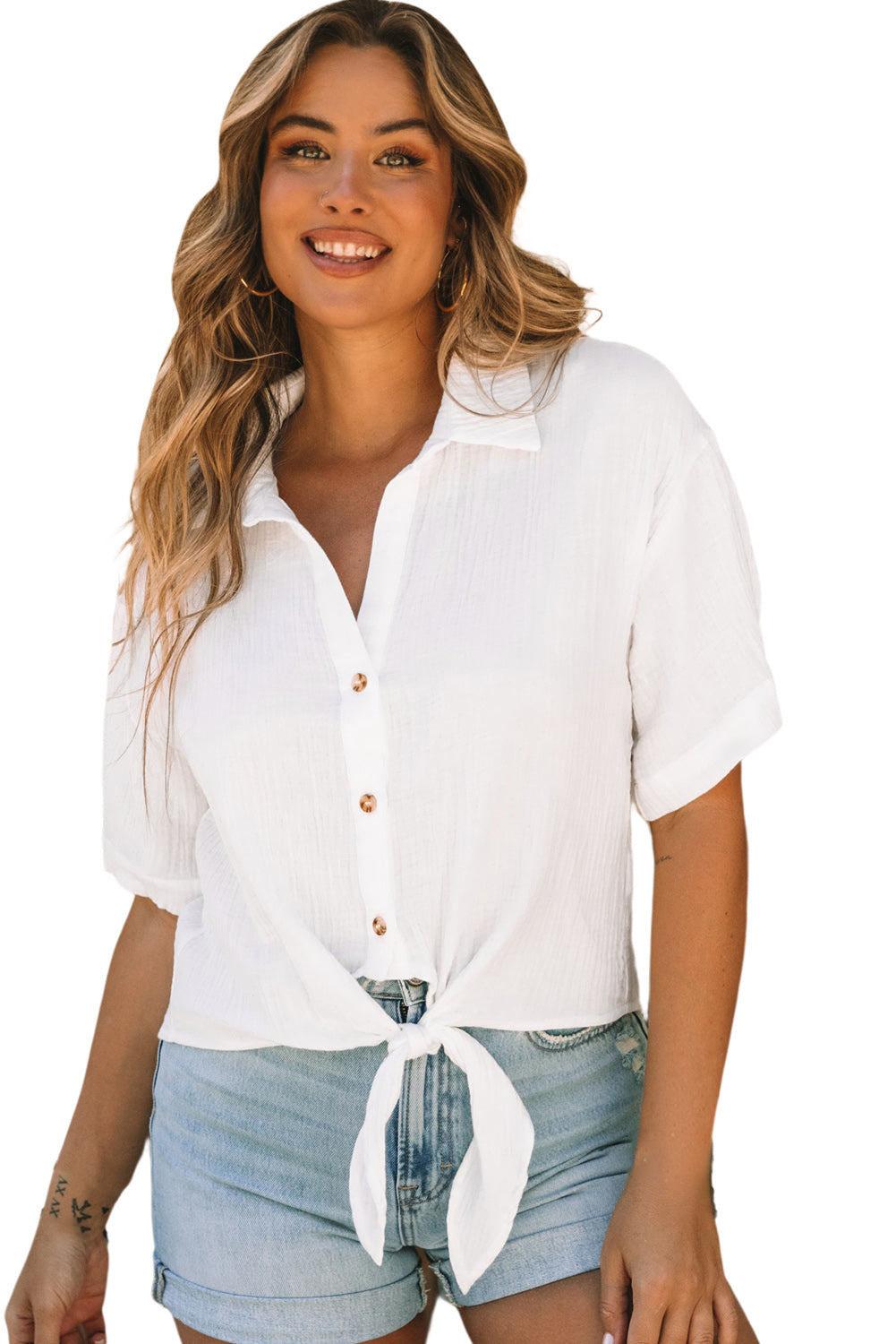 White Textured Knotted Button-up Half Sleeve Shirt