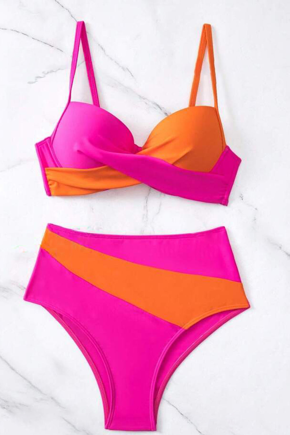 Ružičasto crveni 2-tonski patchwork Twist bikini kupaći kostim visokog struka