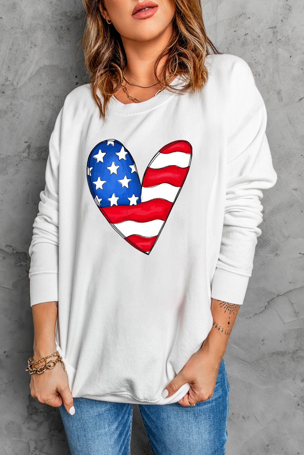 White US Flag Heart Print Long Sleeve Pullover Sweatshirt