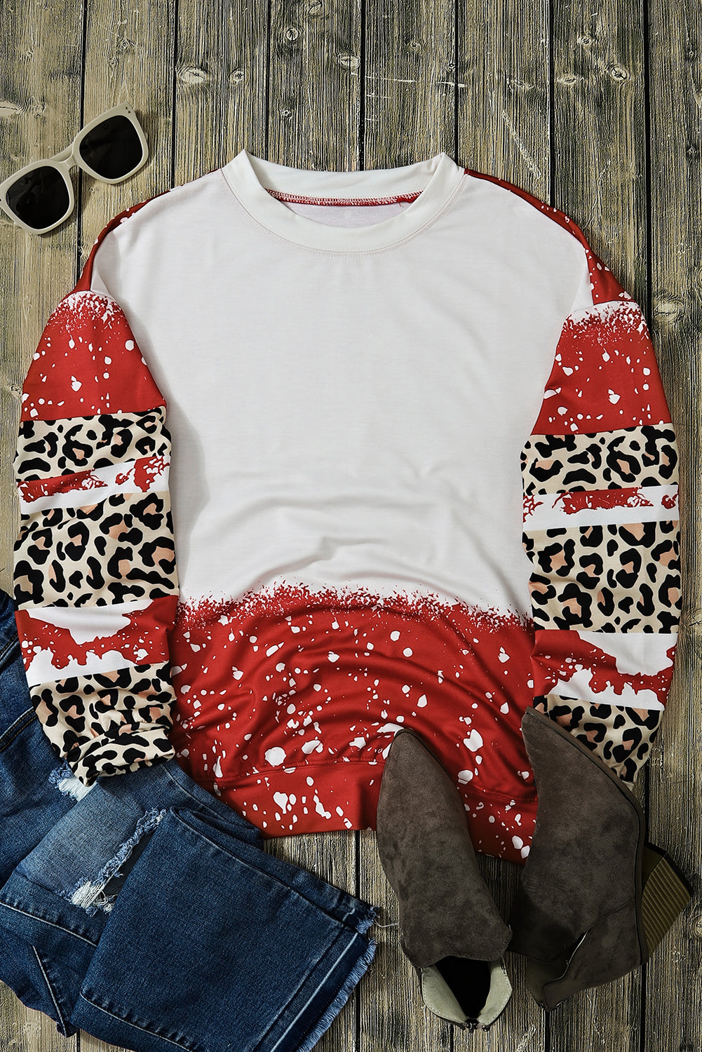 Top a maniche lunghe leopardato tie-dye rosso fuoco