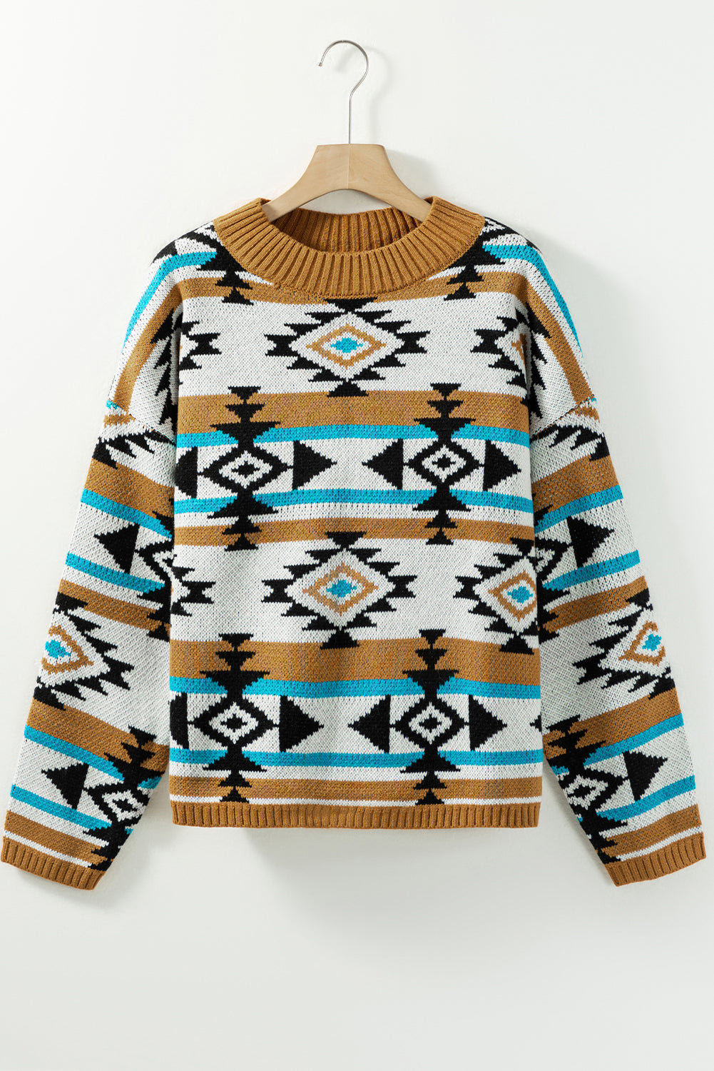 Pull marron à bordure côtelée en tricot à rayures aztèques