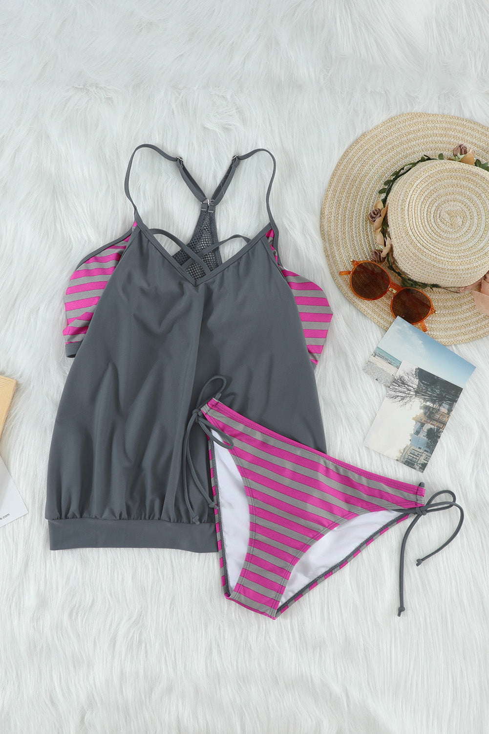 Gray Tankini with Stripes Patchwork