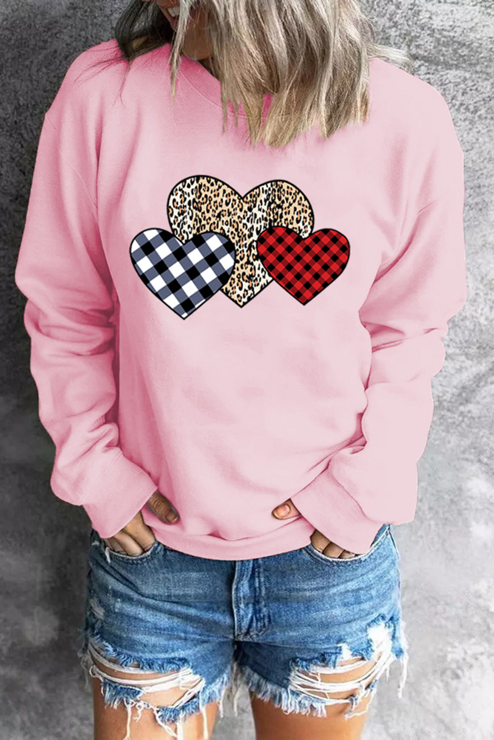 Pink Plaid Leopard Hearts Print Drop Sleeve Pullover Sweatshirt