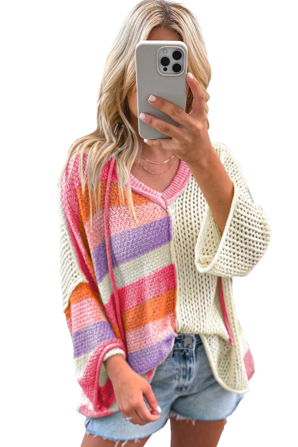 Maglione con cappuccio oversize rosa con scollo a V color block