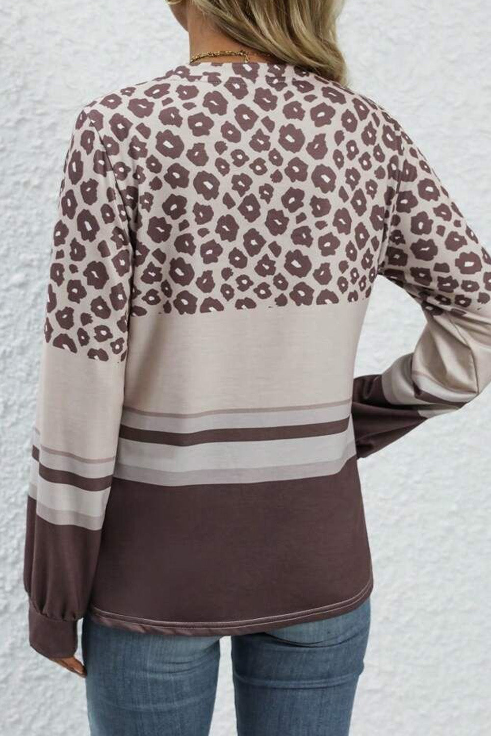 Brown Leopard Color Block Crewneck Long Sleeve Top