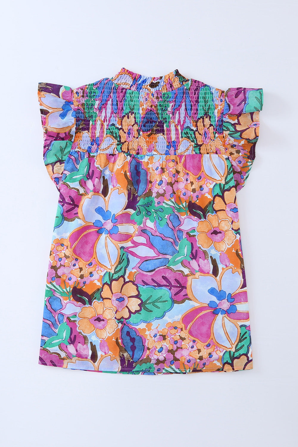 Večbarvna bluza s cvetličnim potiskom in plapolastimi rokavi z zavihanim ovratnikom