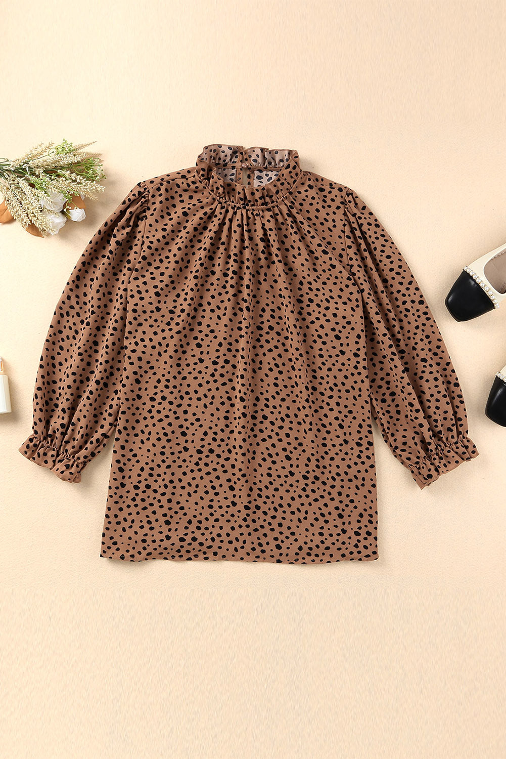 Brown Frilled Neck 3/4 Sleeves Cheetah Blouse