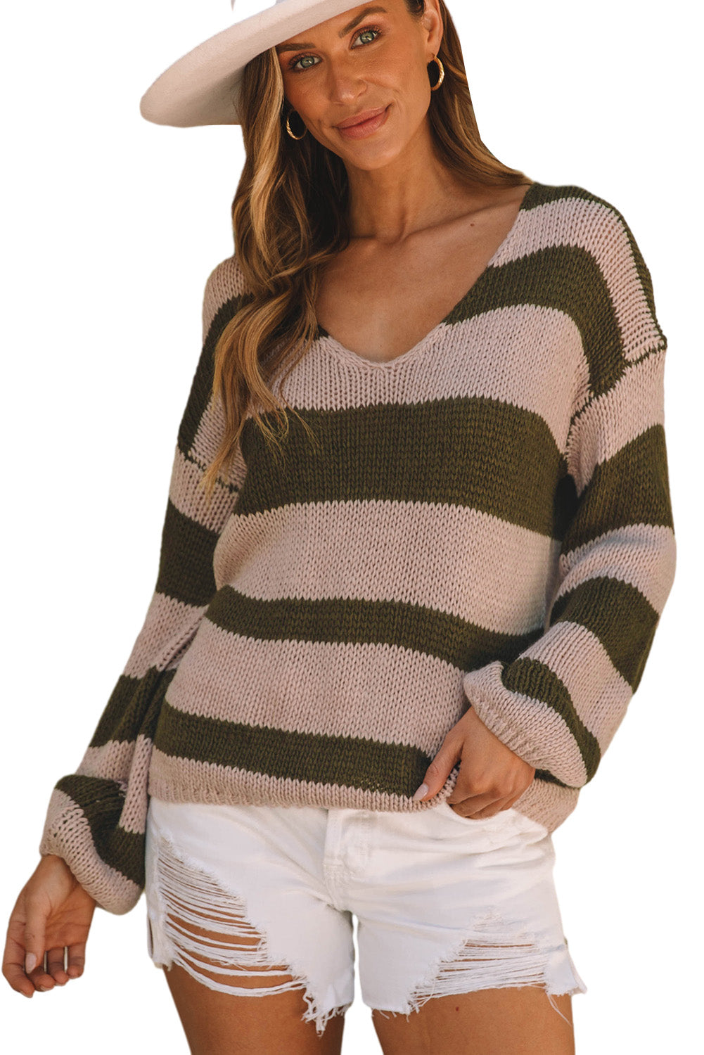 Maglione ampio con scollo a V lavorato a maglia color block a righe verdi