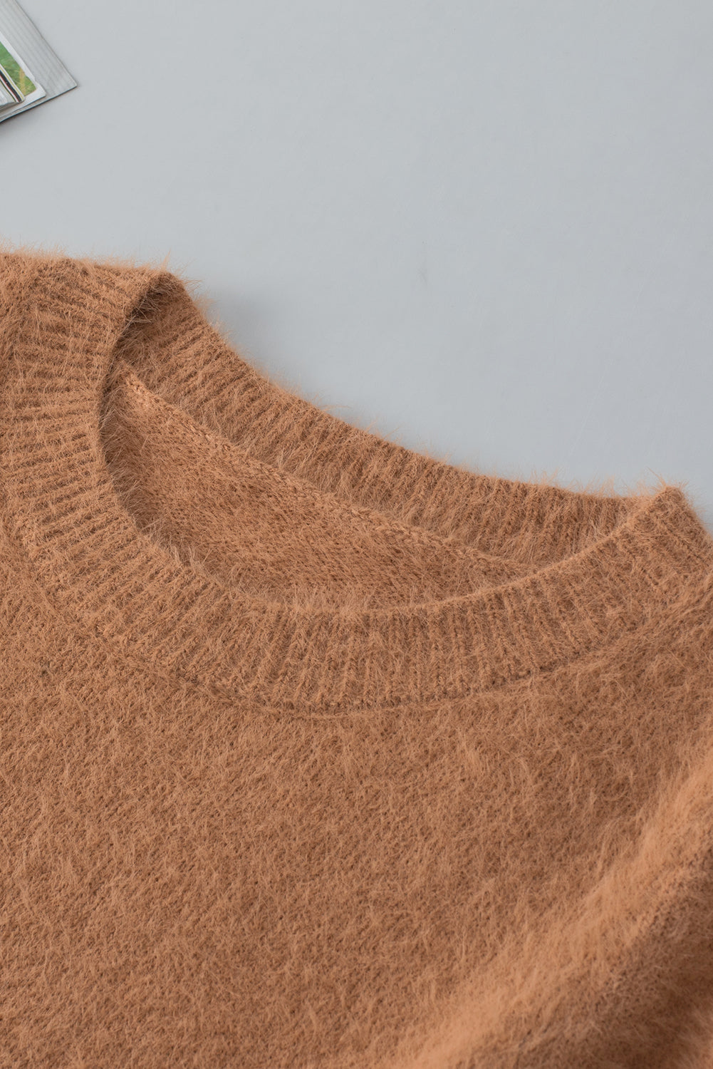 Light French Beige Fuzzy Short Sleeve Sweater