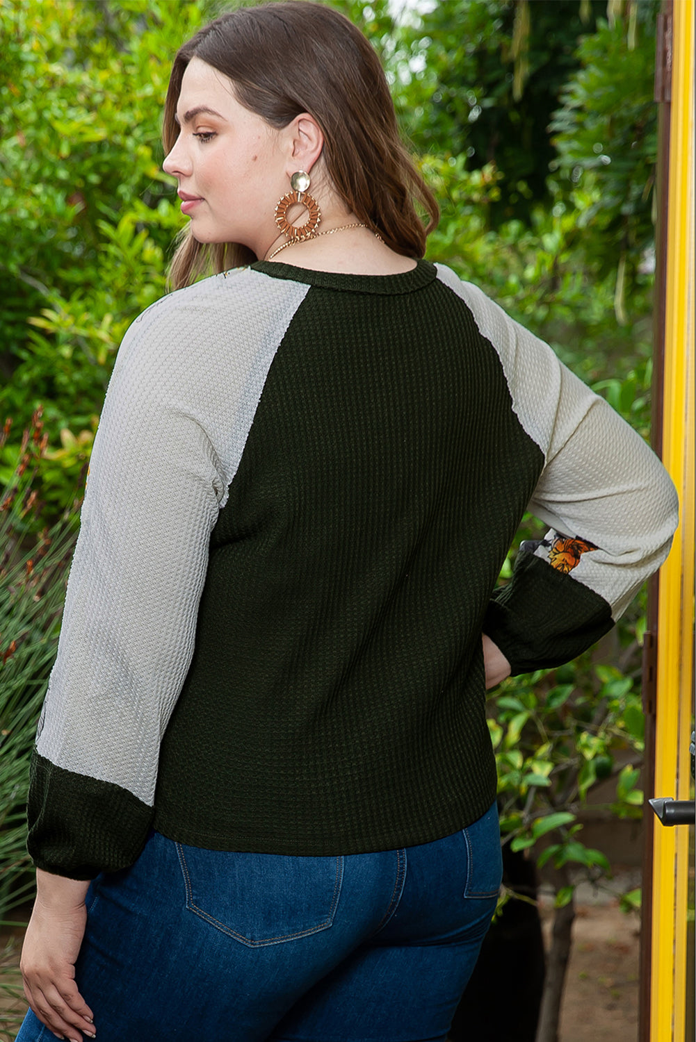 Zelena pletena bluza velike velikosti Floral Raglan Colorblock Patchwork