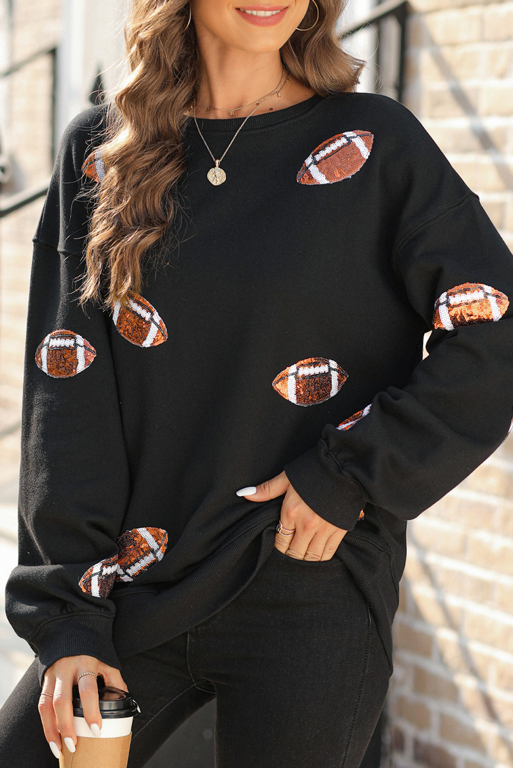 White Sequin Rugby Graphic Pullover Sweatshirt