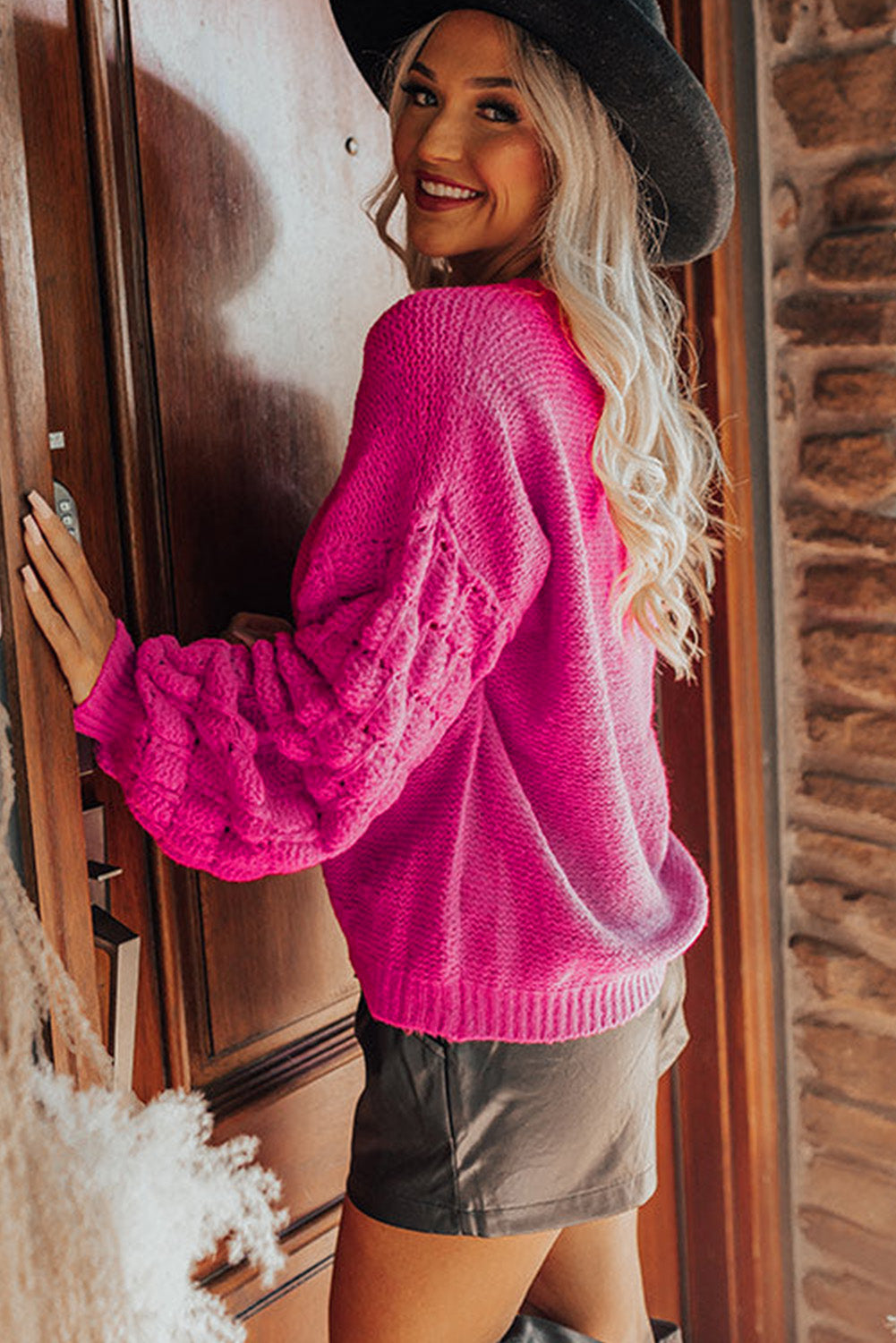 Pull en tricot à manches bulles ajourées rose