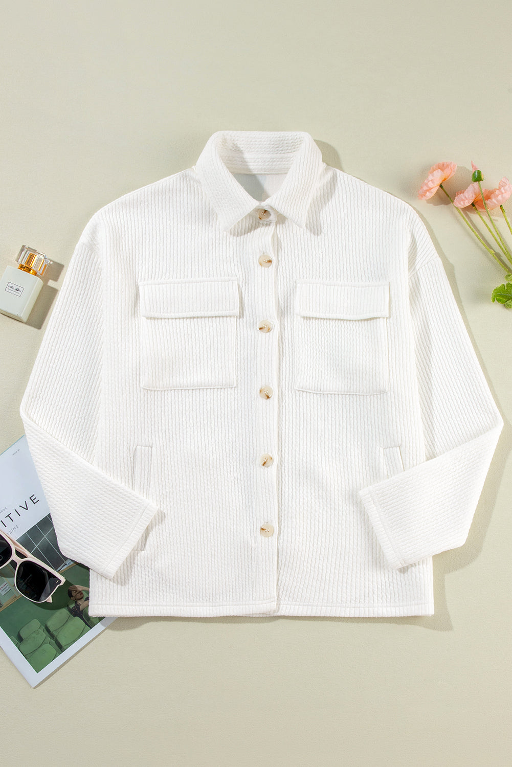 White Solid Color Corduroy Buttoned Long Sleeve Jacket