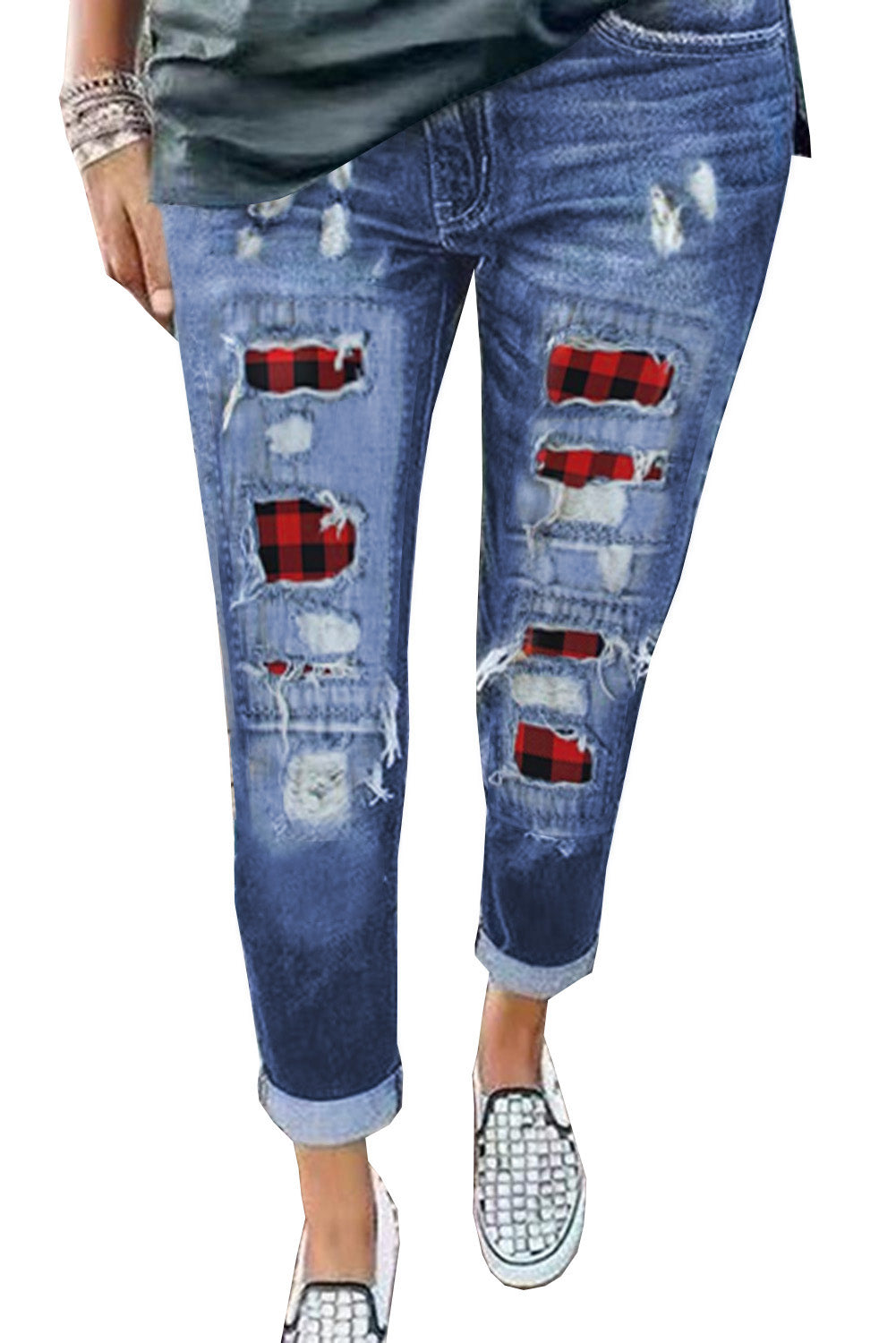 Ripped Plaid Straight Legs Jeans