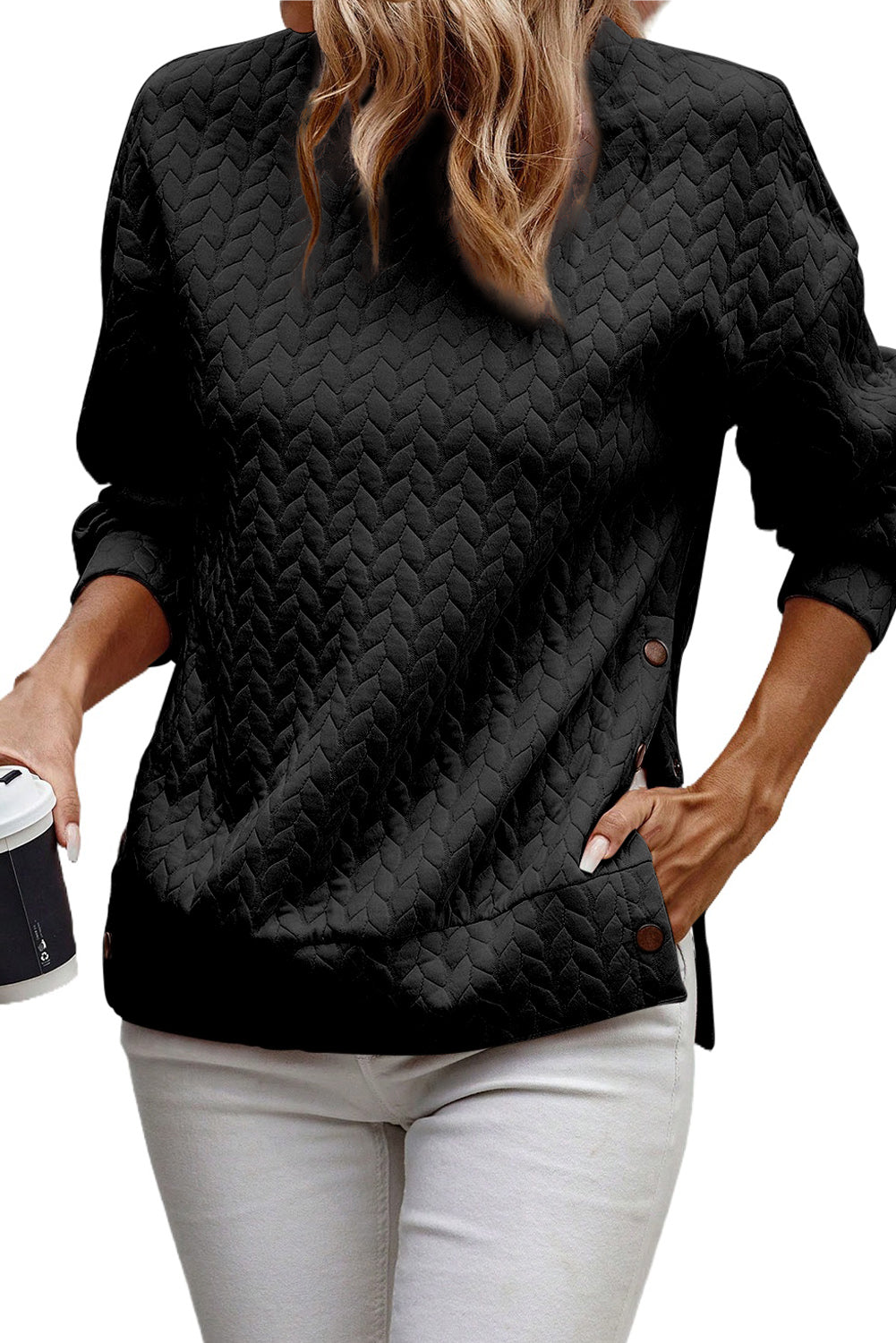 Schwarzes Sweatshirt mit Zopfmuster und seitlichen Knöpfen in Blasskastanienbraun
