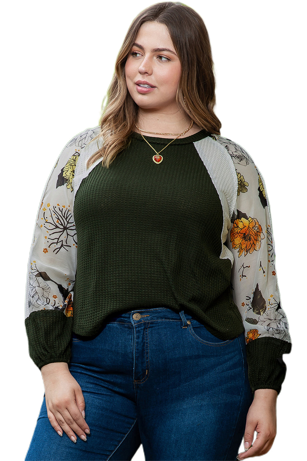 Zelena pletena bluza velike velikosti Floral Raglan Colorblock Patchwork
