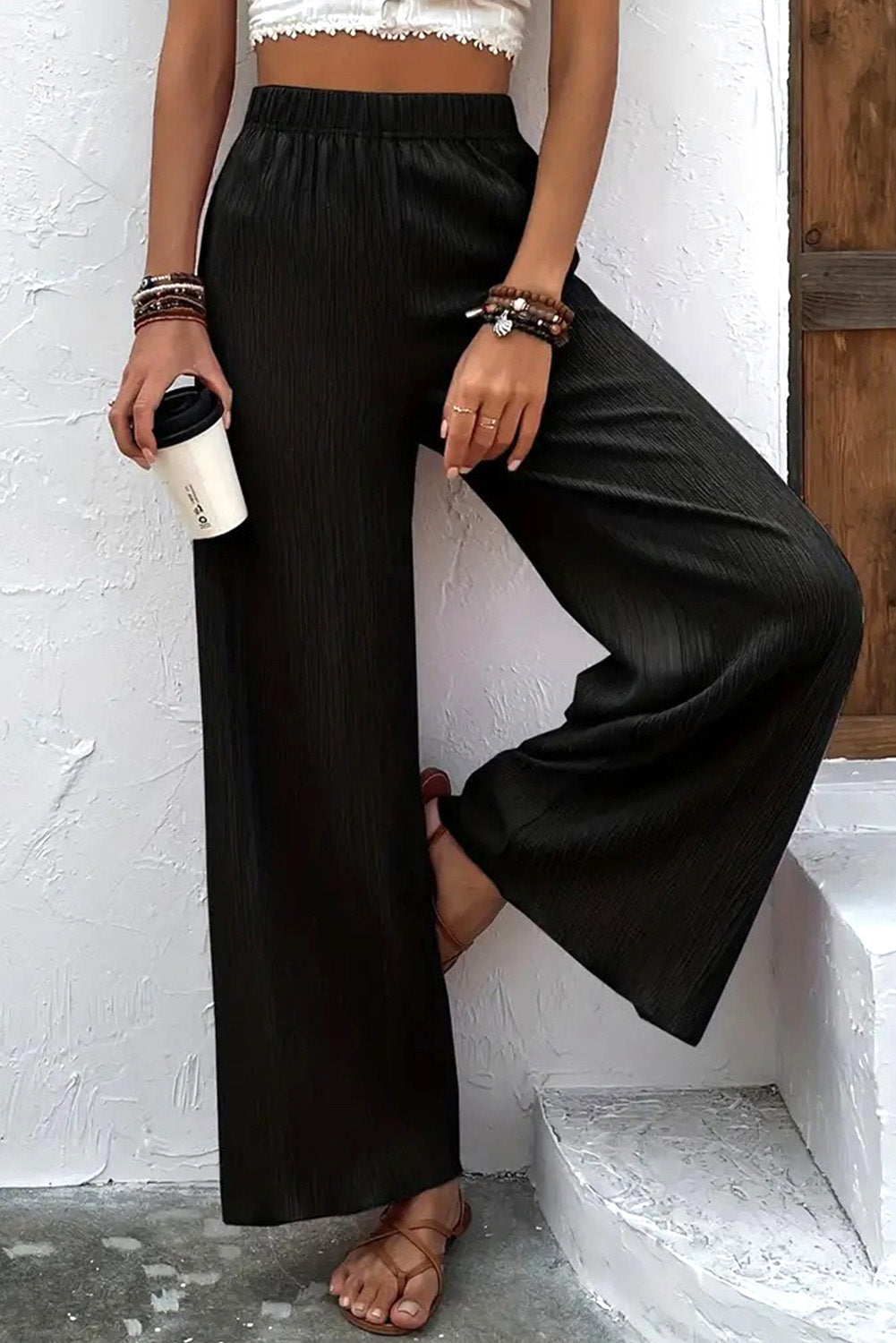 Pantalon large noir froissé à taille élastique