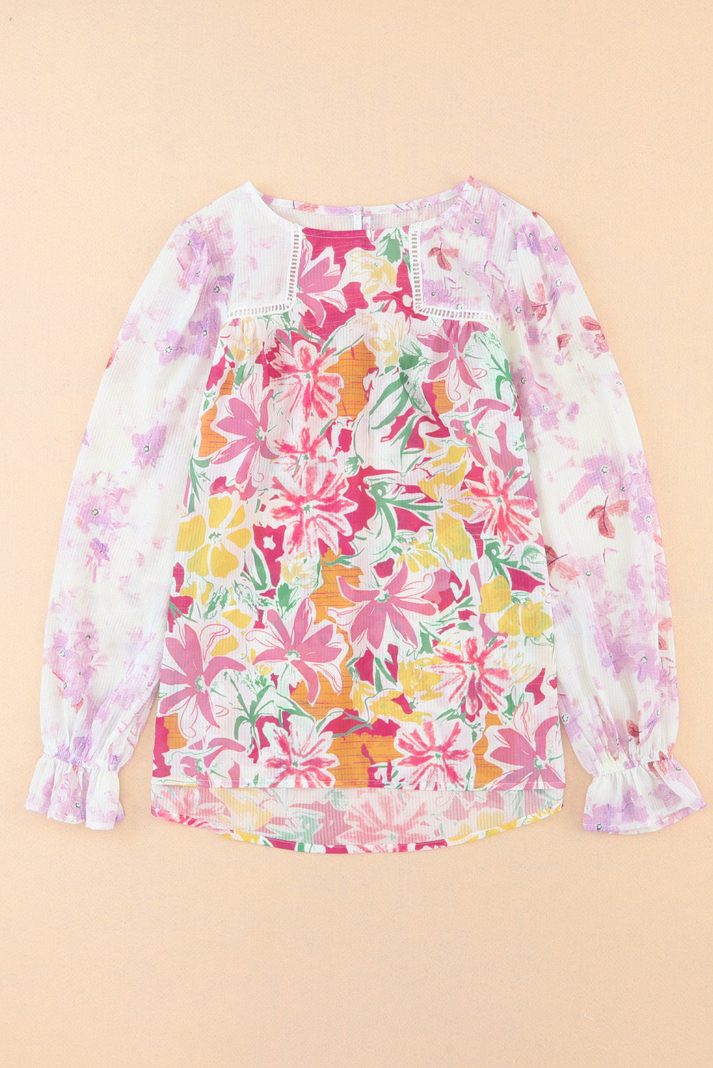 Lila florale Patchwork-Bluse mit Spitzenbesatz
