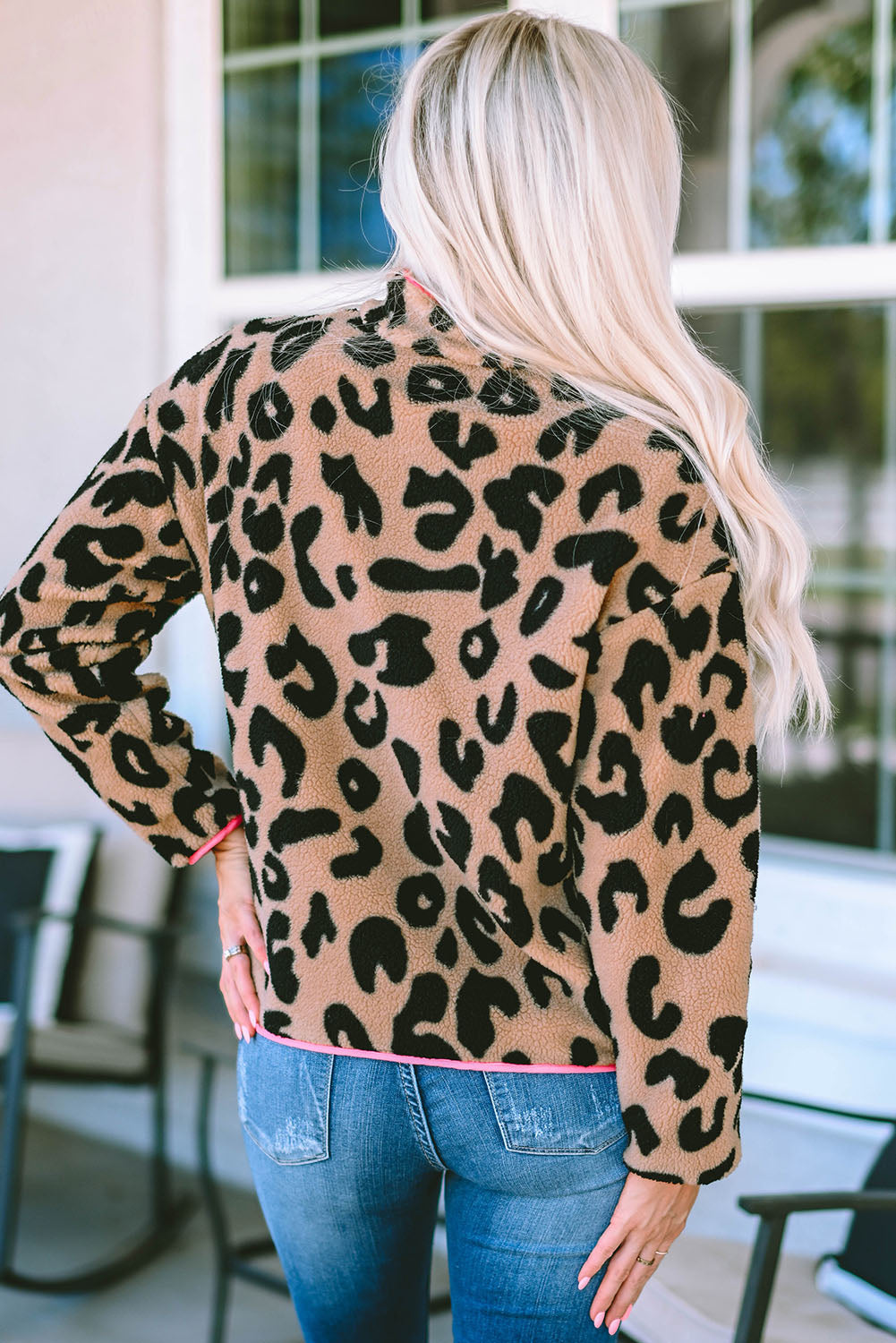 Veste polaire pelucheuse à fermeture éclair et poche léopard color block