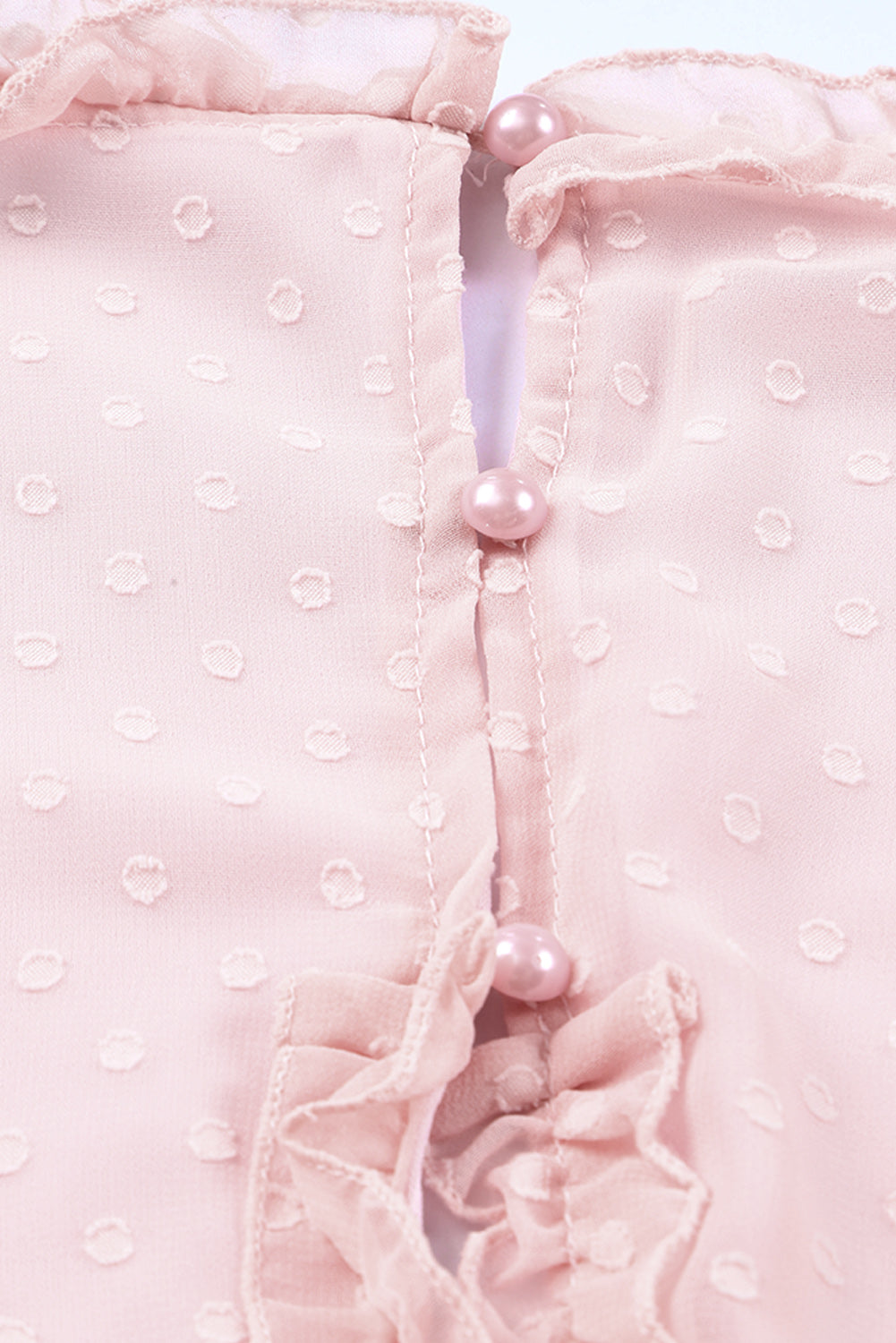 Rožnata mini obleka s švicarskimi pikami in naborki z odprtim hrbtom in napihnjenimi rokavi