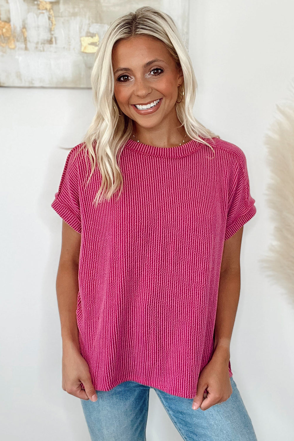 T-shirt gris moyen en tricot texturé à coutures apparentes
