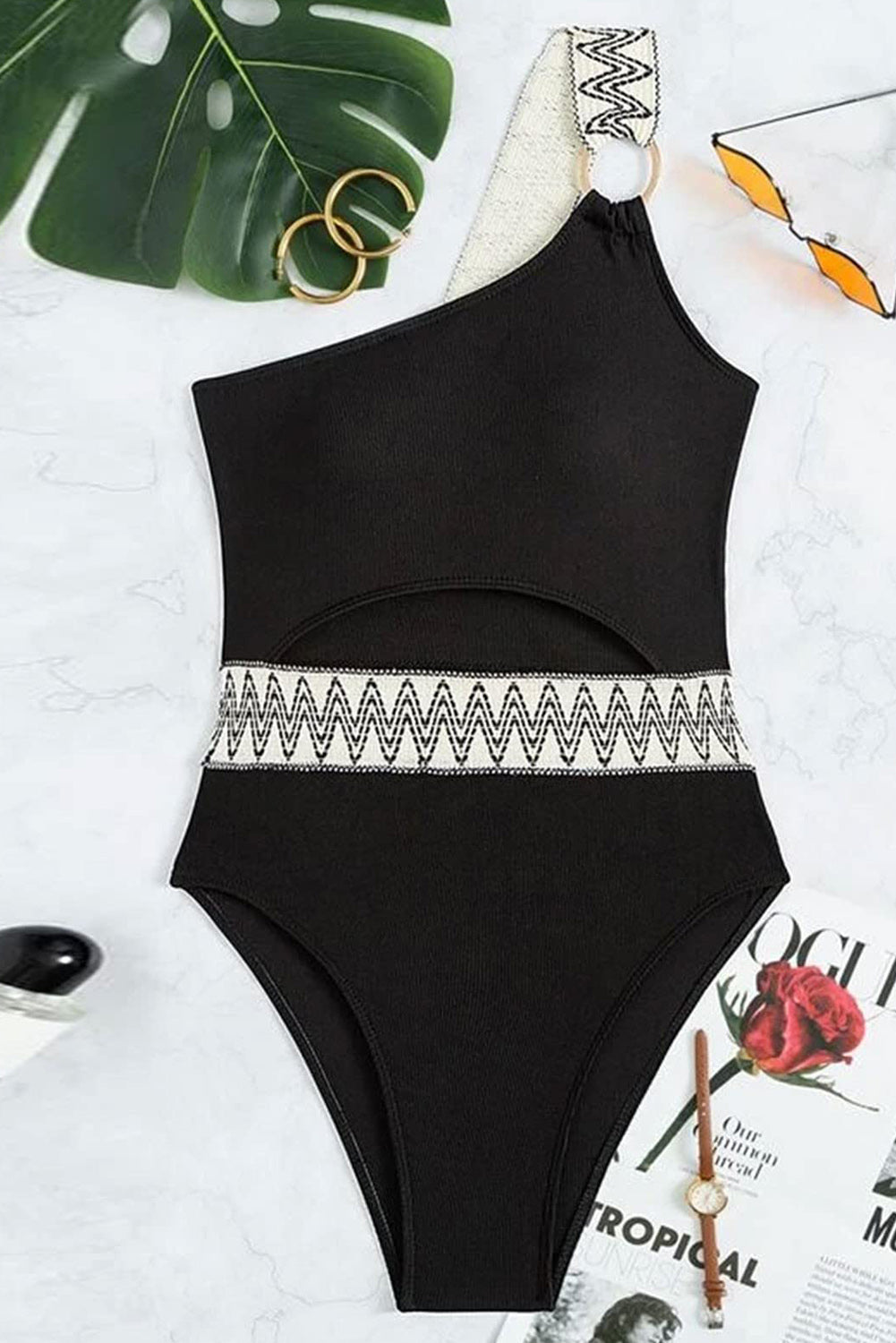 Black Contrast Trim Cut out One Shoulder One Piece Swimsuit