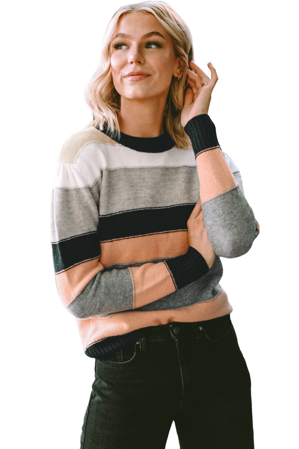 Maglione casual a blocchi di colore a righe grigie