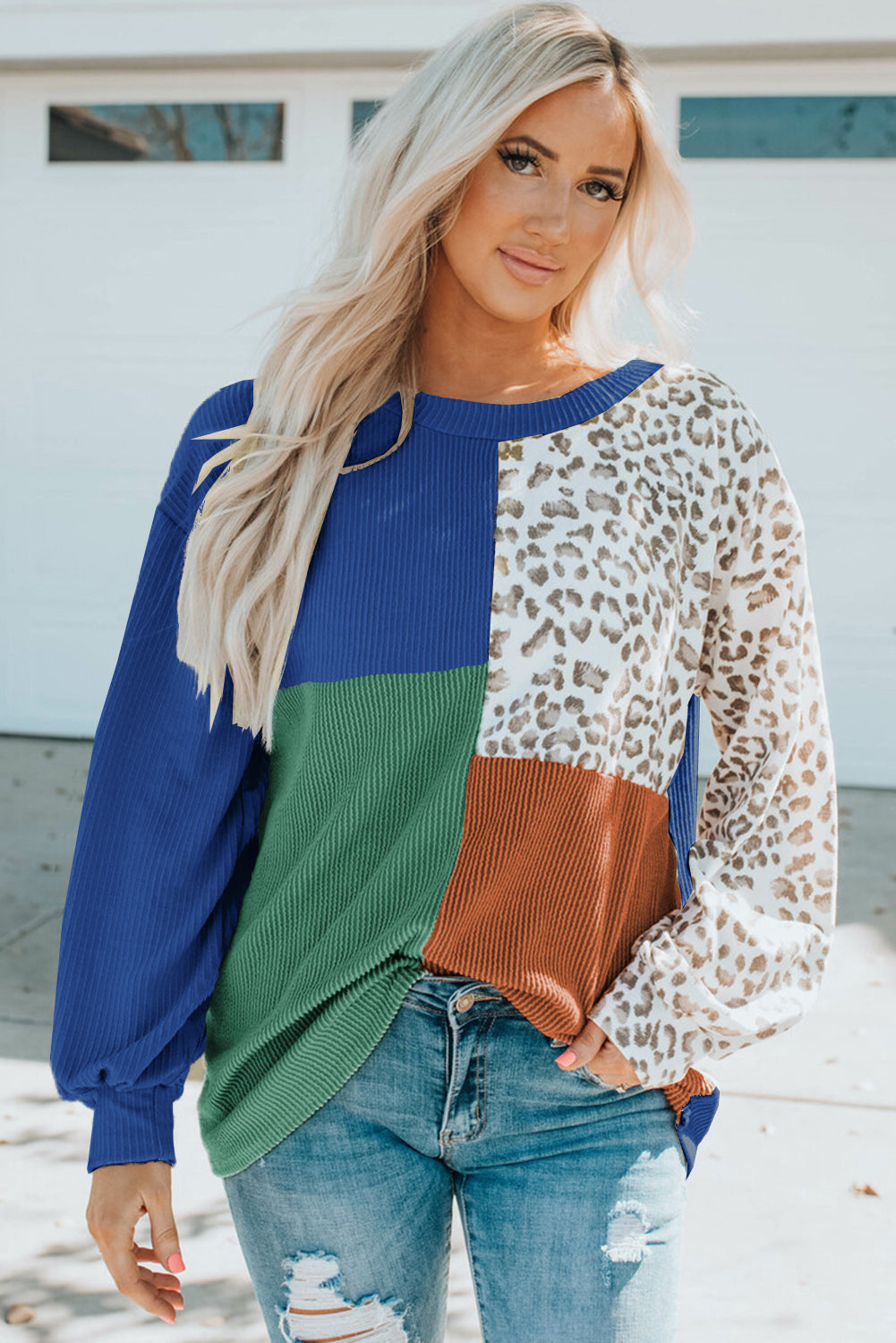 Khaki Leopard Patchwork Color Block Ribbed Long Sleeve Top