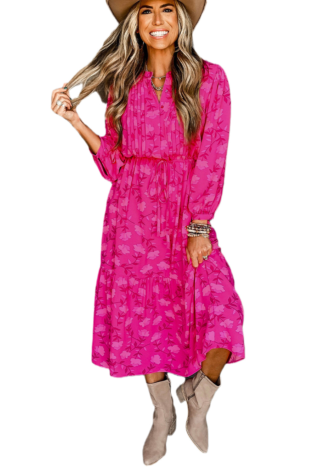 Midi haljina visokog struka s plisiranim ružičastim cvjetnim uzorkom