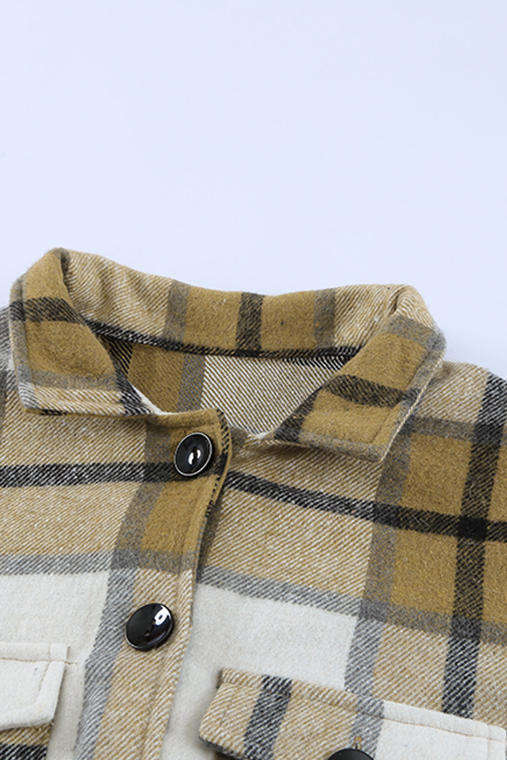 Khaki Shirt Collar Button Closure Plaid Coat
