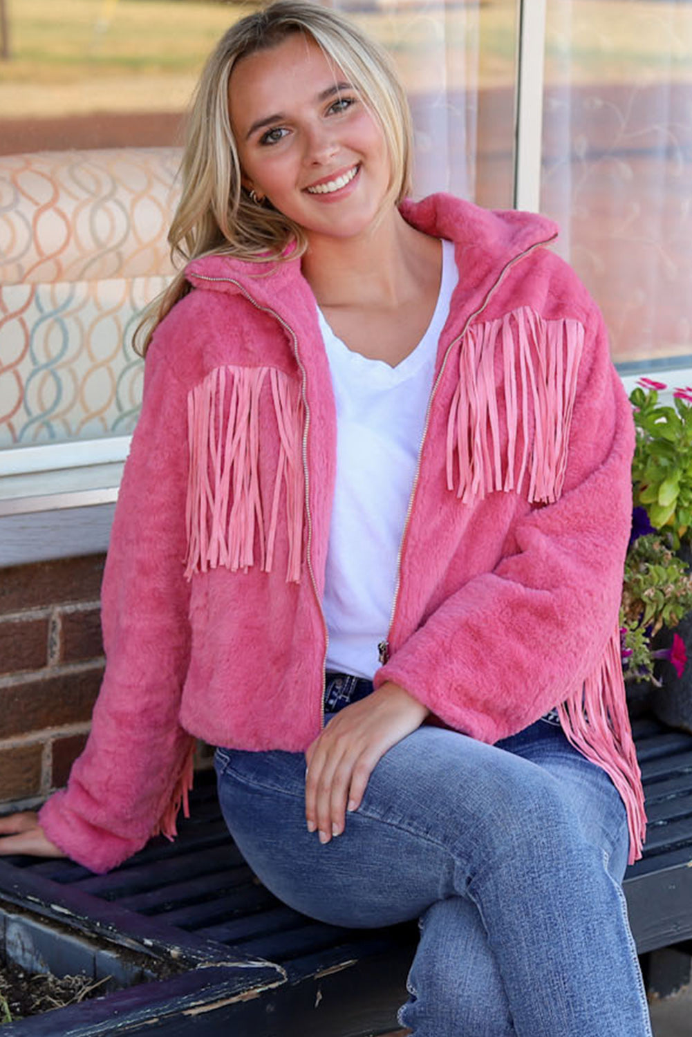 Fringed Full Zipper Fleece Jacket