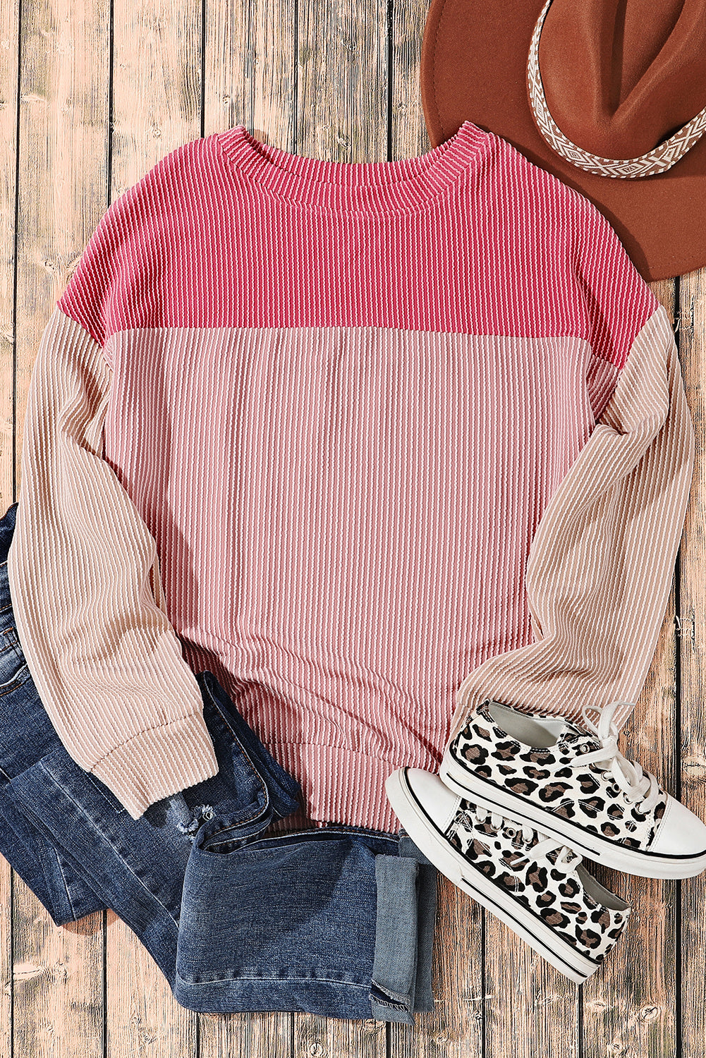 Pink Color Block Long Sleeve Ribbed Loose Top