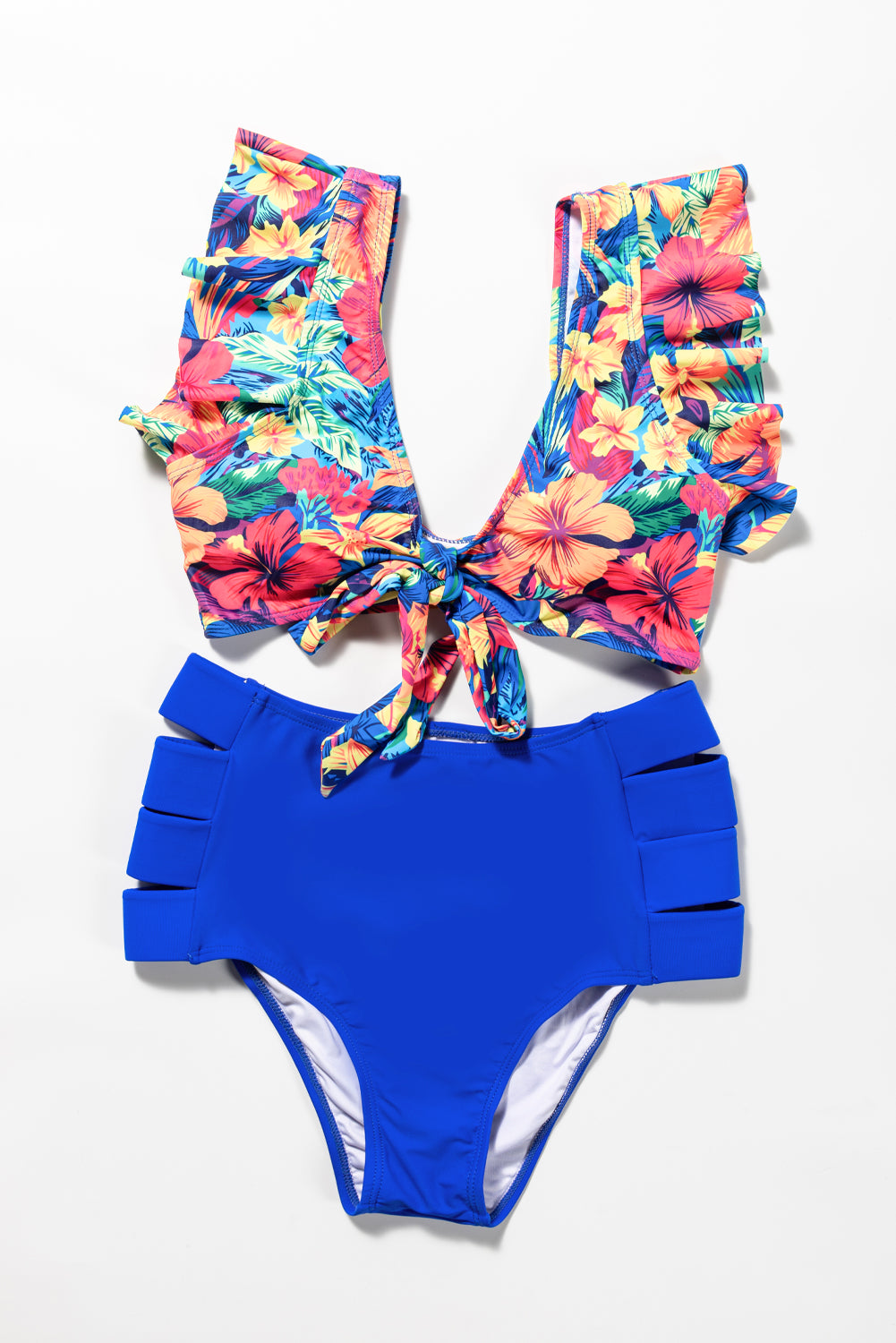 Bikini-Badeanzug mit Blumenmuster, Schnürung vorne, hoher Taille und Rüschen