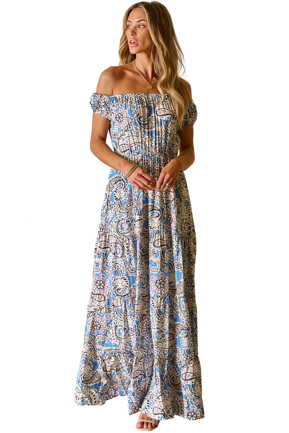 Plava maksi haljina s otvorenim ramenima s printom boho paisley