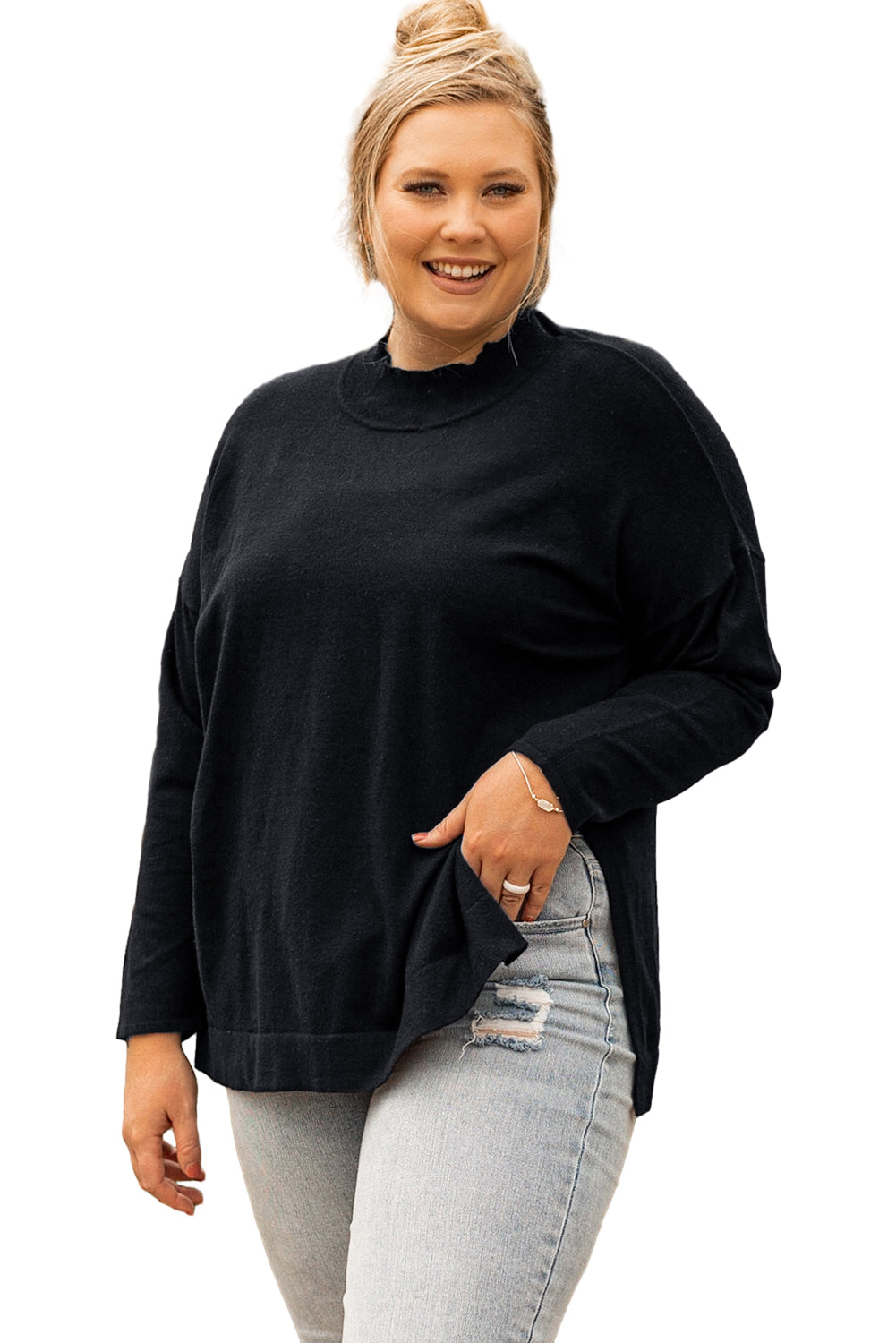 Schwarzer, lockerer Pullover mit seitlichen Schlitzen und Stehkragen in Übergröße