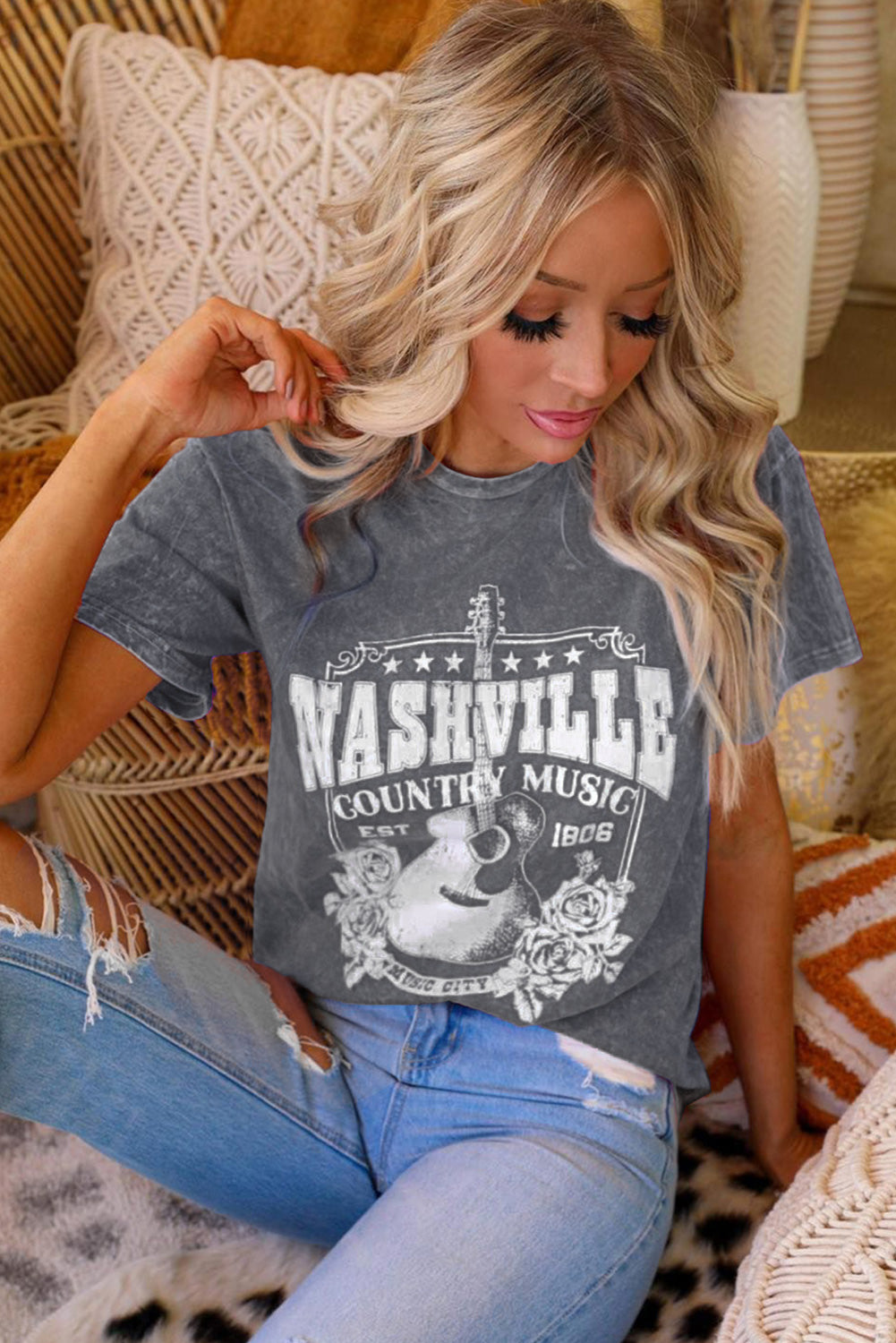 Feuriges rotes Nashville Music City Graphic Mineral Washed T-Shirt