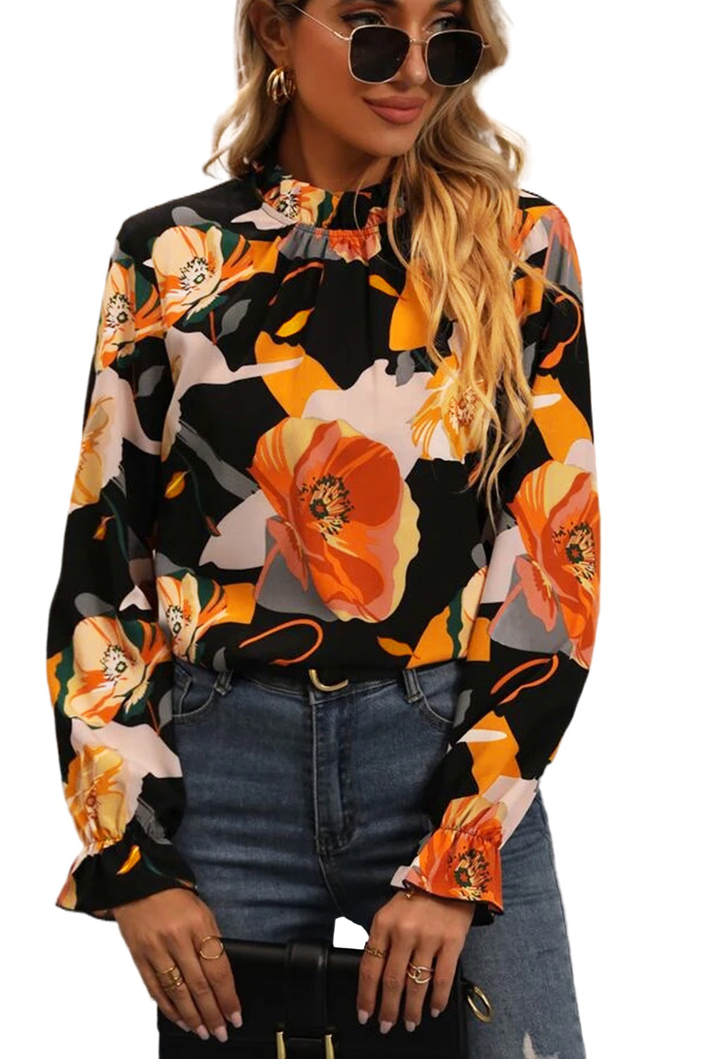Črna bluza z lažnim ovratnikom s cvetličnim vzorcem