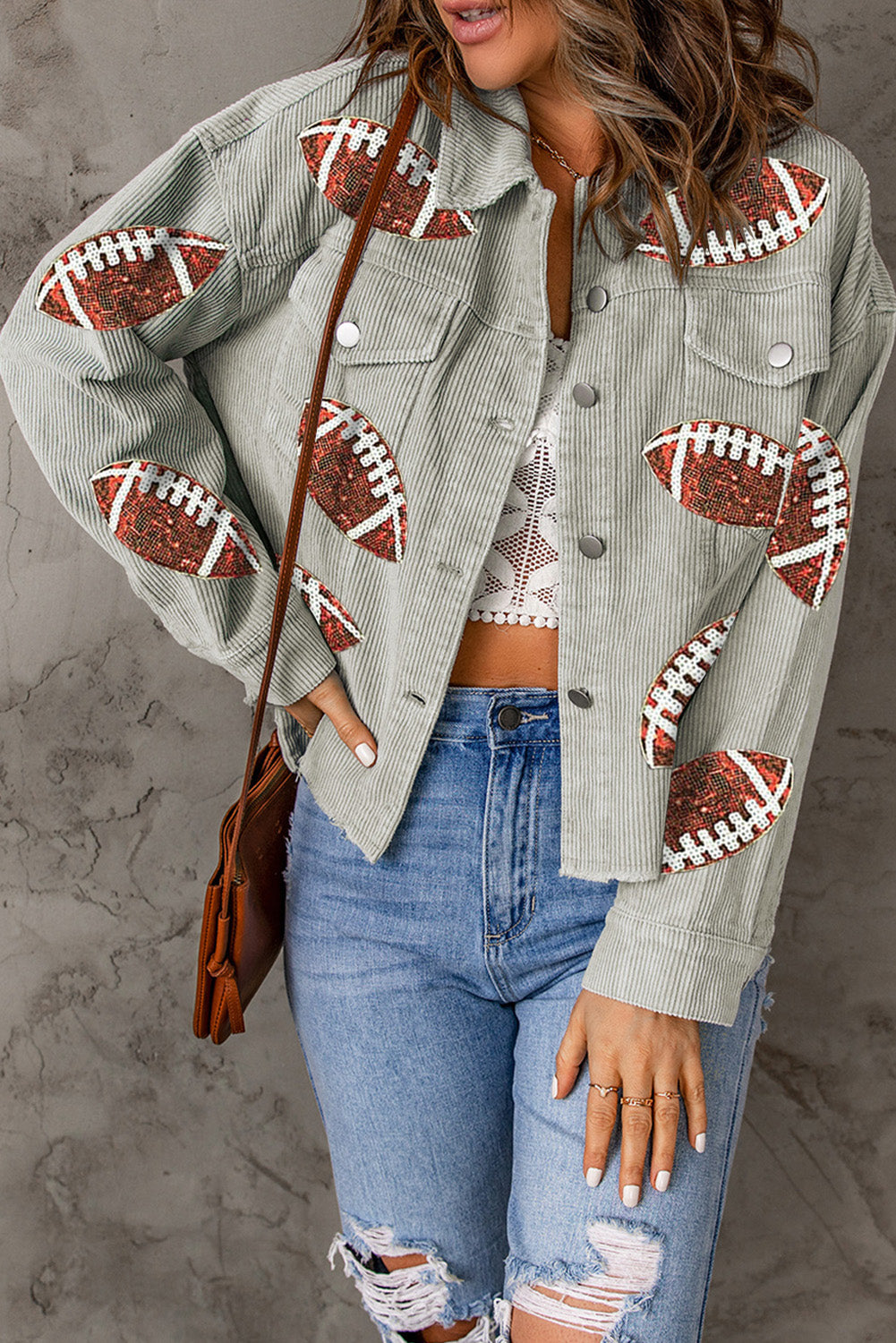 Sky Blue Sequined Football Patch Ribbed Cotton Jacket